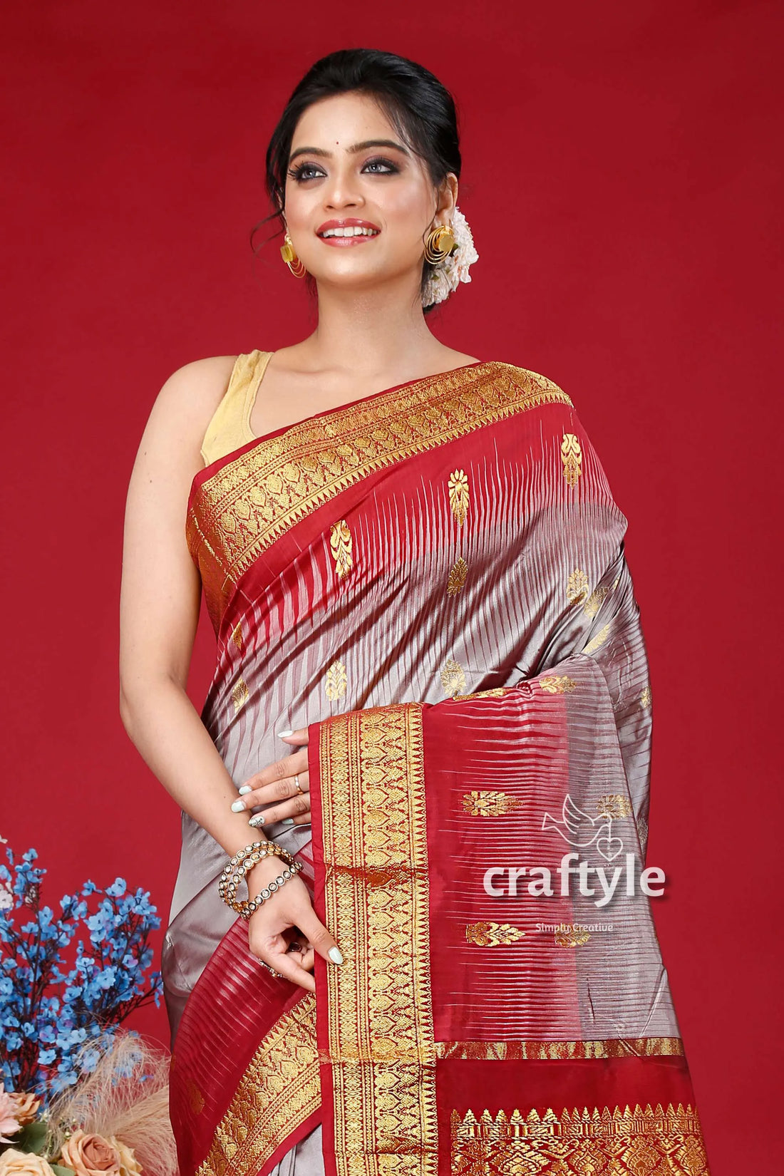 Mountain grey and burgundy kanjivaram silk saree - traditional indian sari red gray gold trim 2