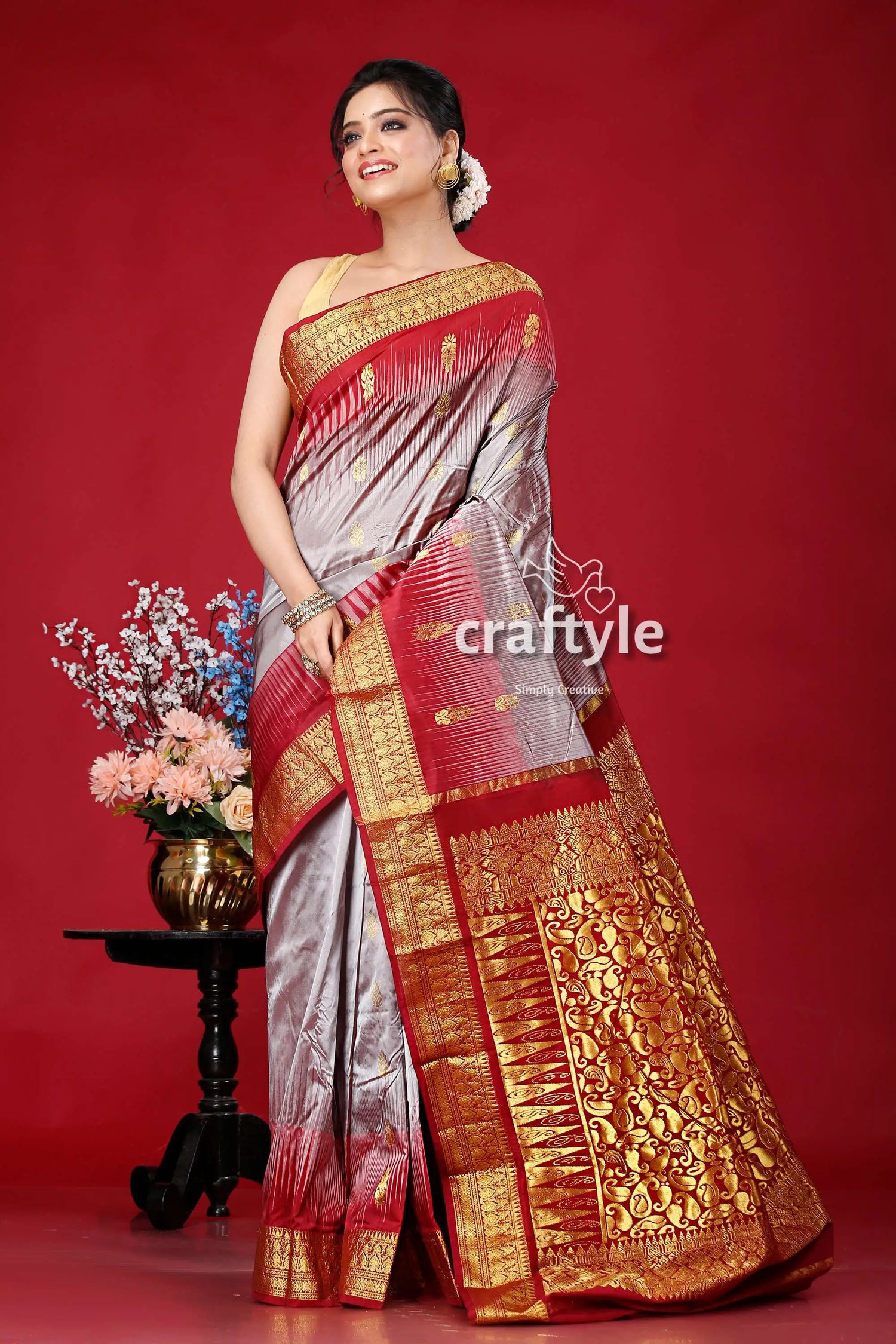 Mountain grey and burgundy kanjivaram silk saree - traditional indian sari elegant red silver saree 4