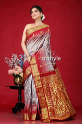 Mountain grey and burgundy kanjivaram silk saree - traditional indian sari elegant red silver saree 4