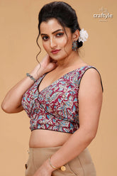 Mulberry designer pure cotton ajrakh blouse woman sleeveless v-neck crop maroon 3