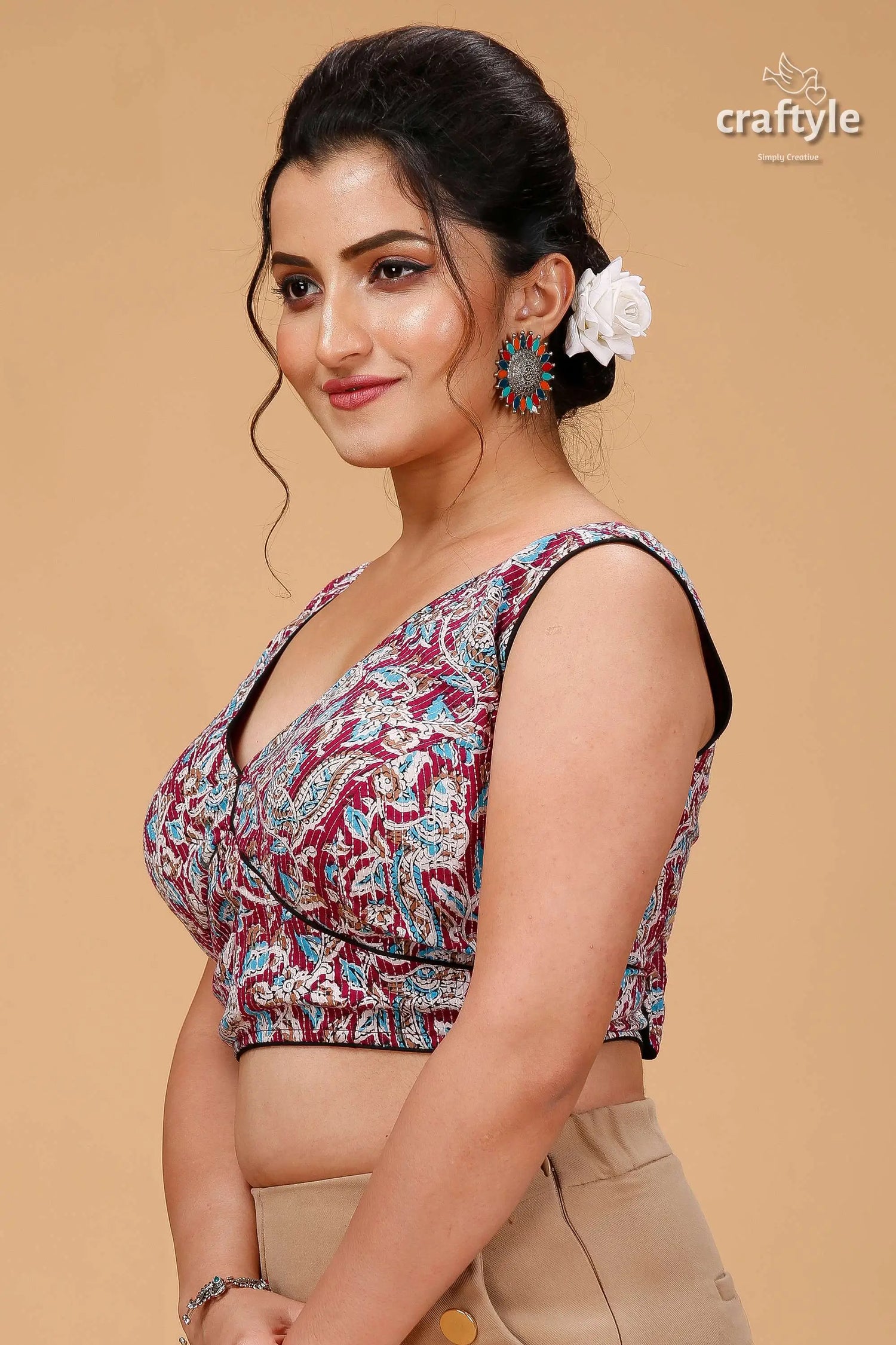 Mulberry designer pure cotton ajrakh blouse maroon teal floral print crop 4