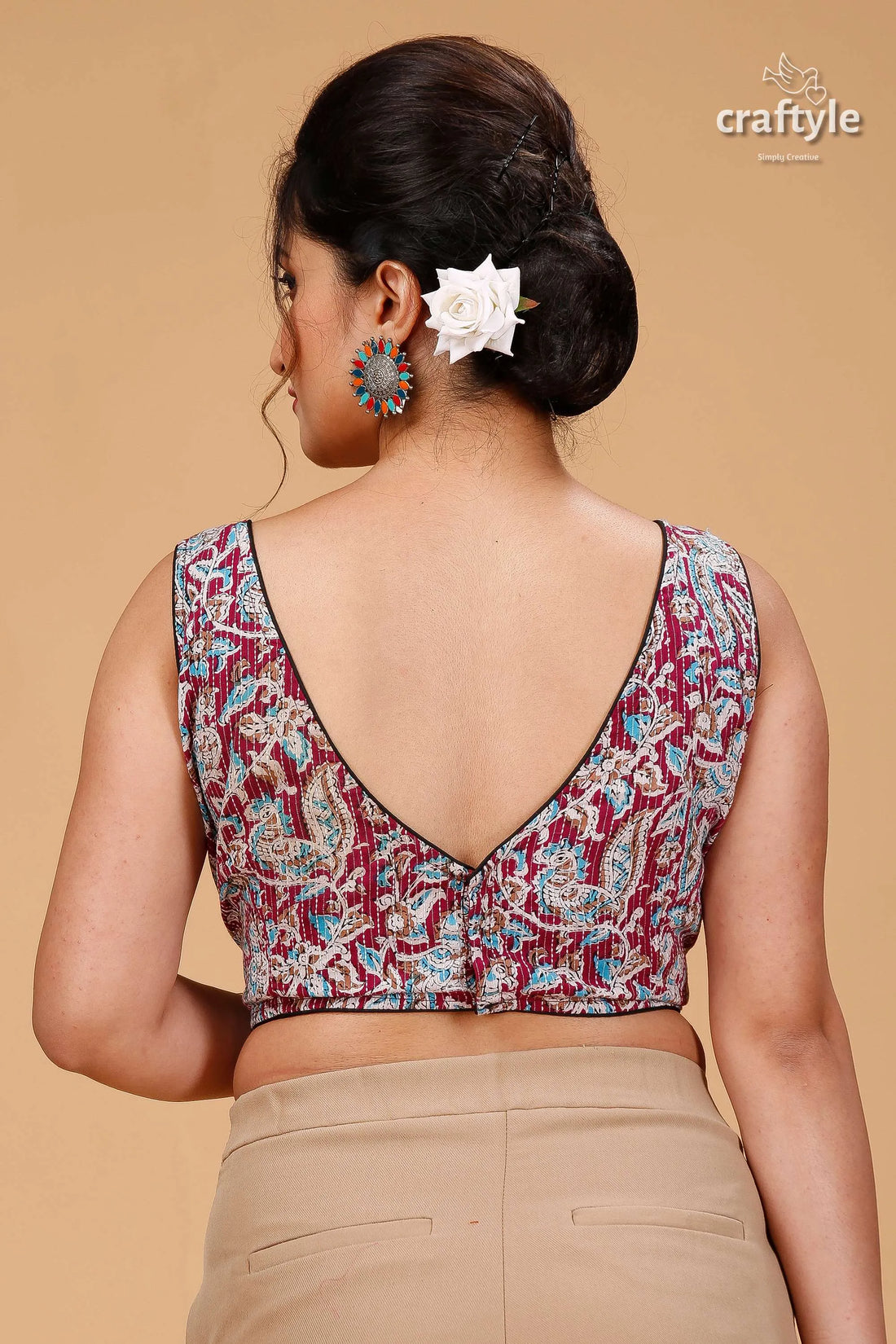 Mulberry designer pure cotton ajrakh blouse woman’s sleeveless maroon deep 2