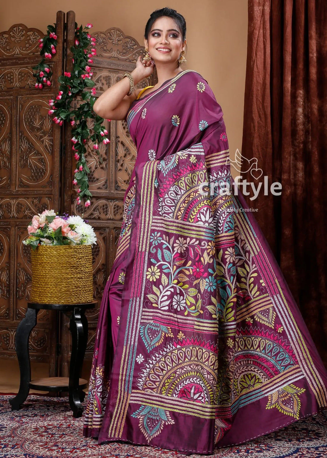 Mulberry purple kantha stitched blended bangalore silk saree purple saree colorful embroidery 2