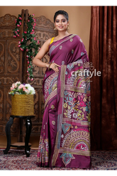 Mulberry purple kantha stitched blended bangalore silk saree woman purple embroidered saree 4