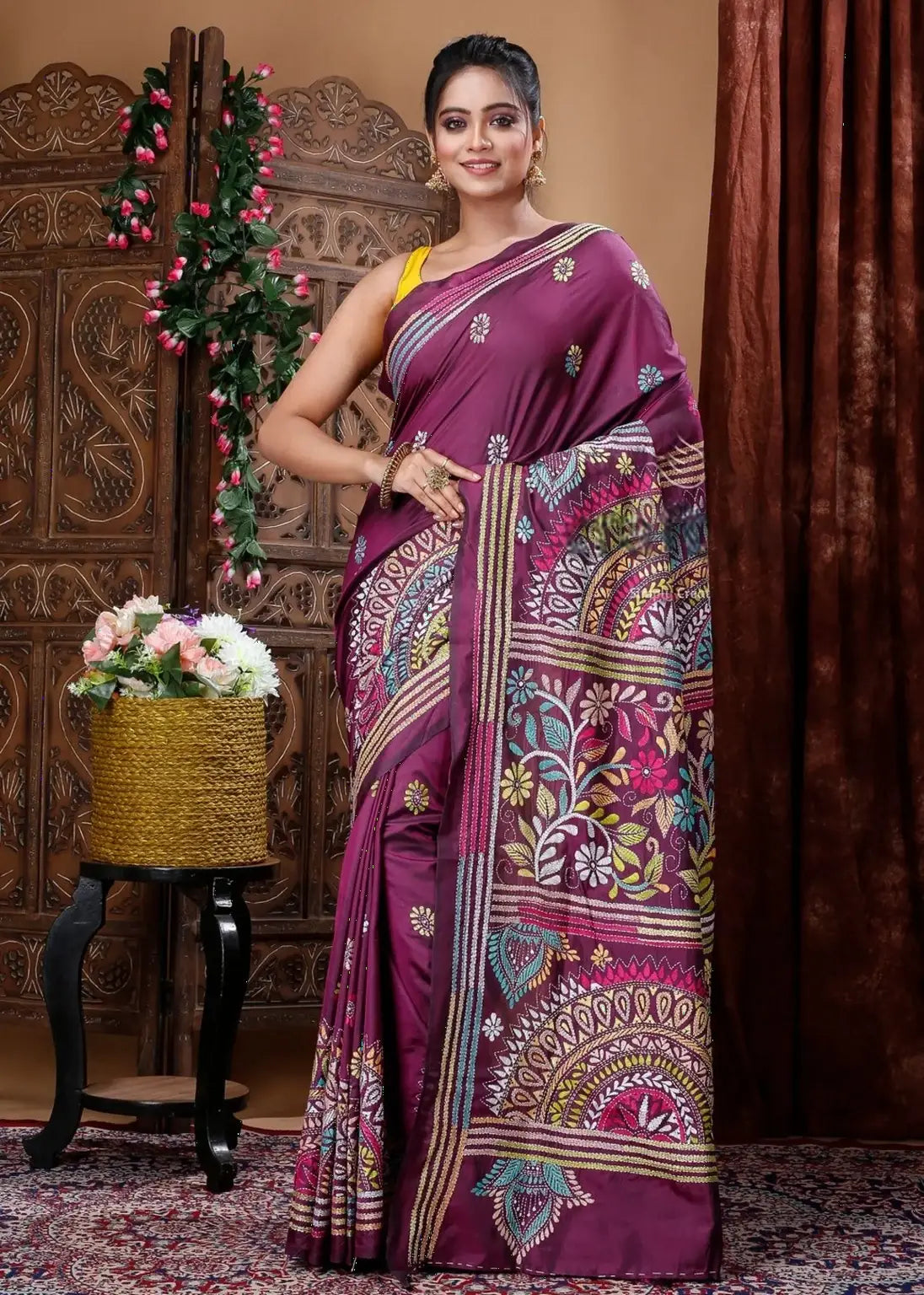 Mulberry purple kantha stitched blended bangalore silk saree woman purple embroidered saree 4