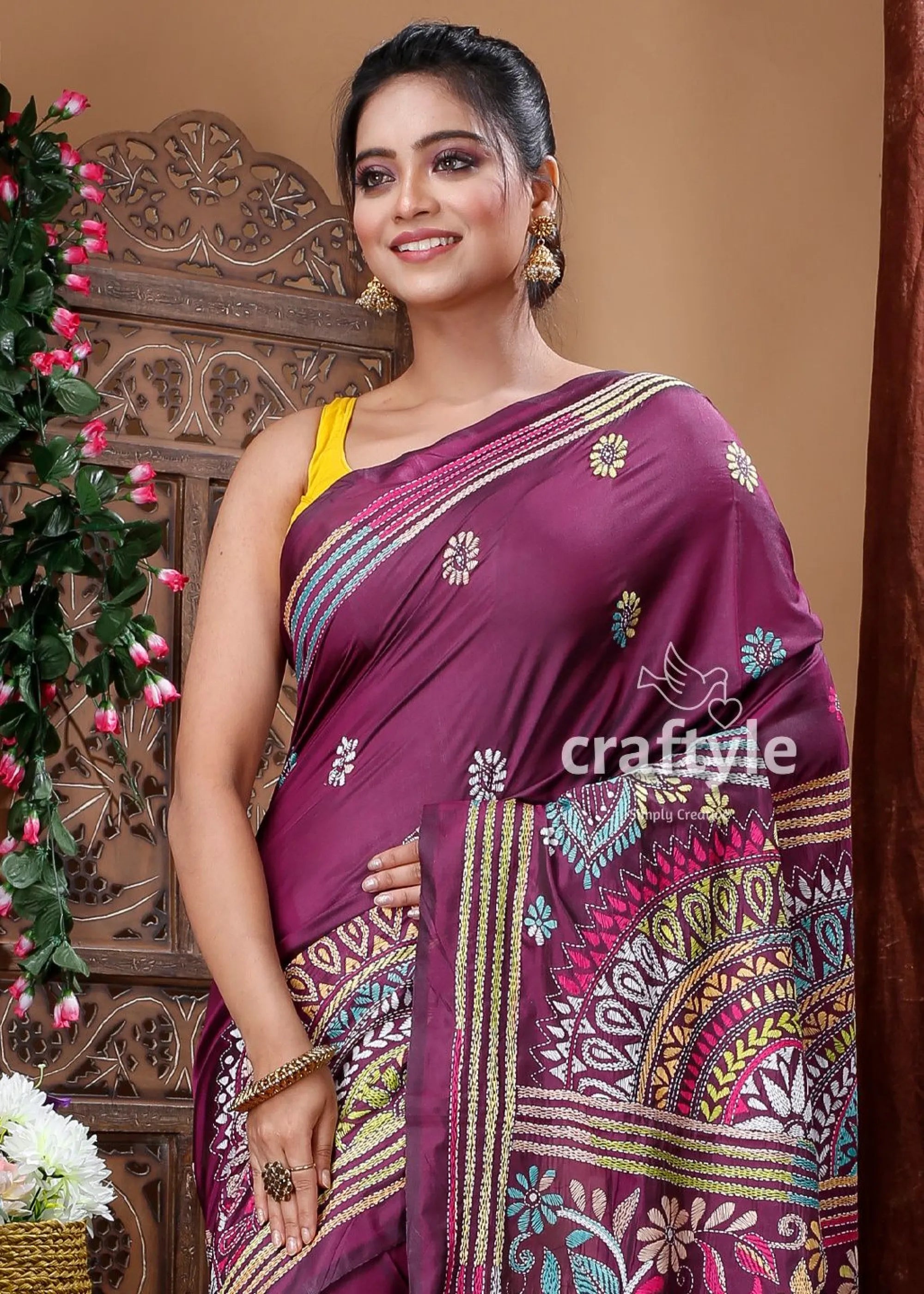 Mulberry purple kantha stitched blended bangalore silk saree maroon saree colorful embroidery 3