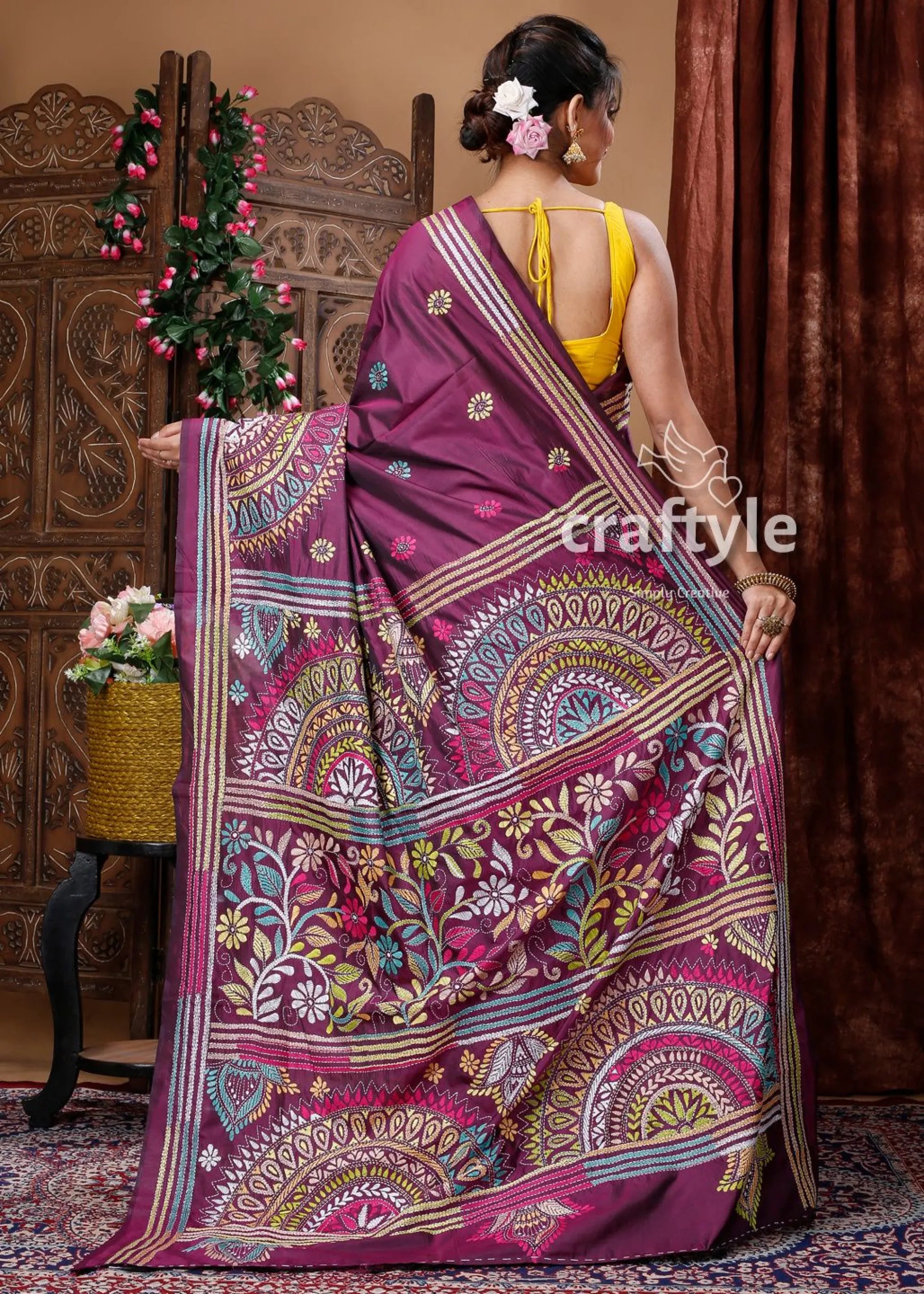 Mulberry purple kantha stitched blended bangalore silk saree embroidered purple saree 5