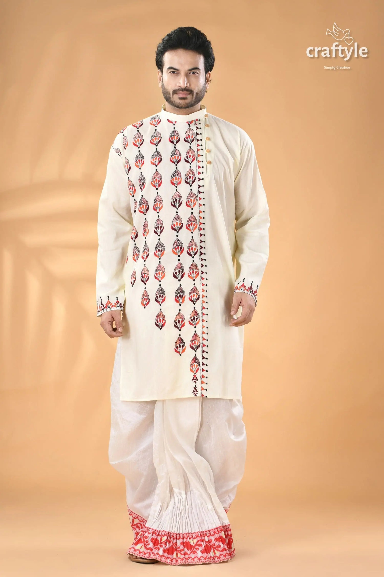 Multi thread design white hand kantha work men’s kurta men’s off white kurta dhoti set 1