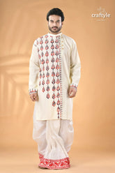 Multi thread design white hand kantha work men’s kurta men’s off white kurta dhoti set 1