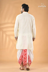 Multi thread design white hand kantha work men’s kurta men’s off white kurta dhoti red 6