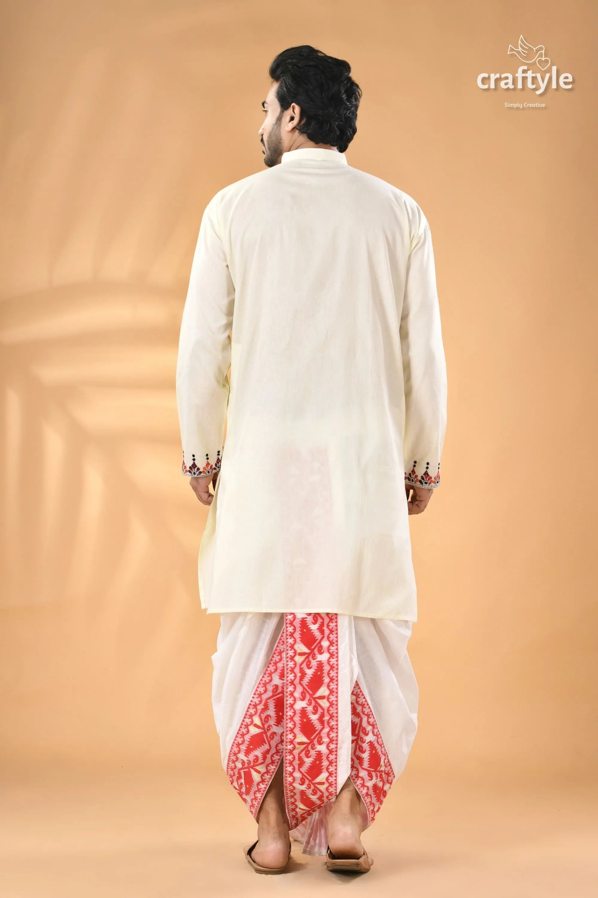 Multi-thread design white hand kantha work men’s kurta men’s off-white kurta dhoti red 6