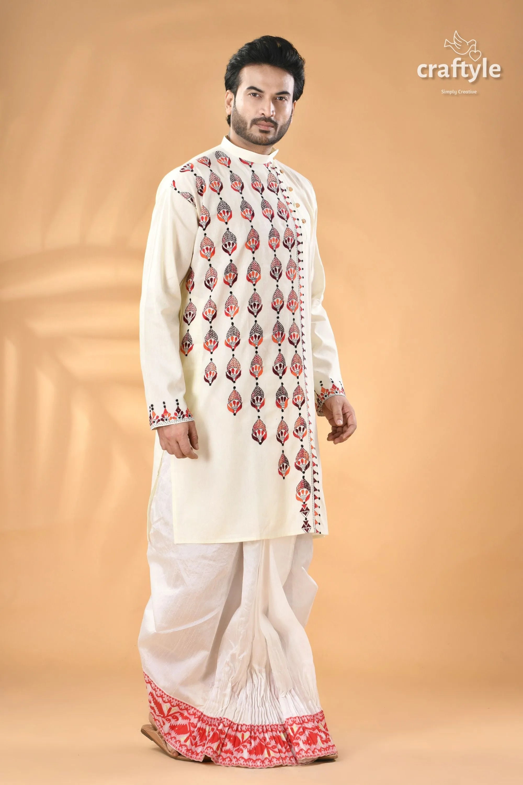 Multi-thread design white hand kantha work men’s kurta men’s off-white embroidered kurta dhoti 3