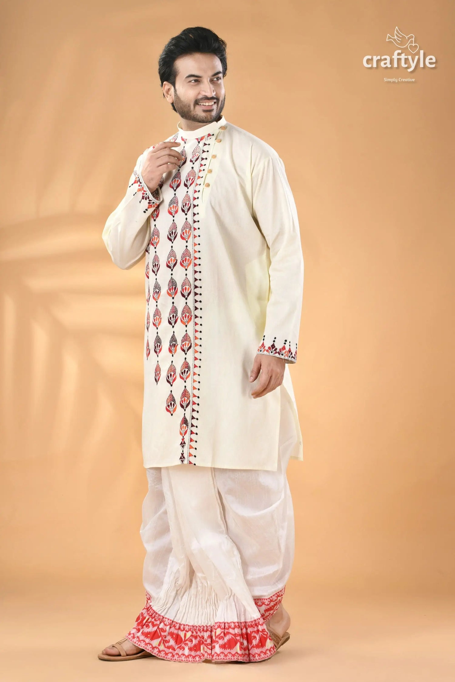 Multi thread design white hand kantha work men’s kurta men’s off white embroidered kurta dhoti 4