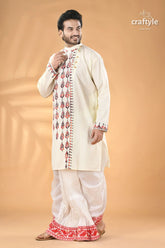 Multi thread design white hand kantha work men’s kurta men’s off white embroidered kurta dhoti 4