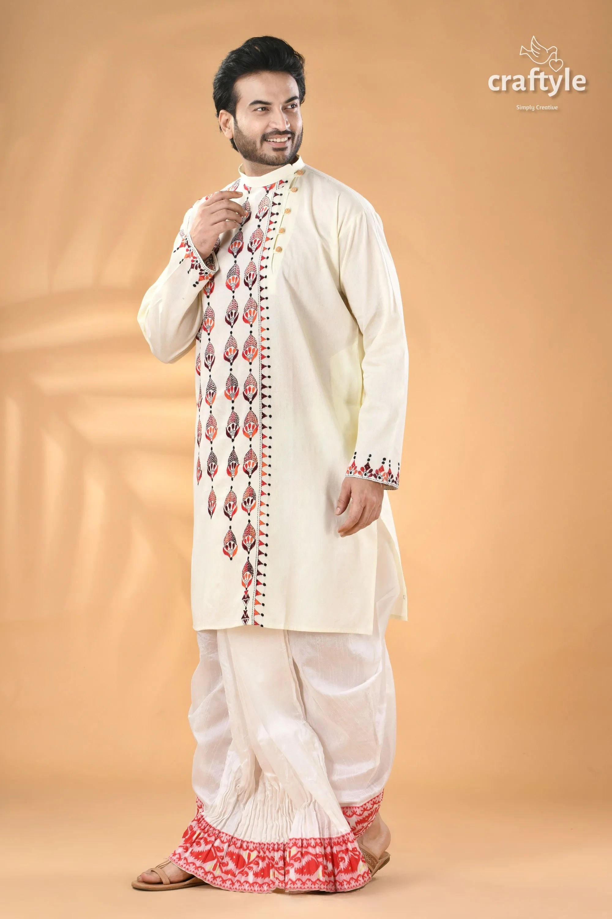 Multi-thread design white hand kantha work men’s kurta men’s off-white embroidered kurta dhoti 4
