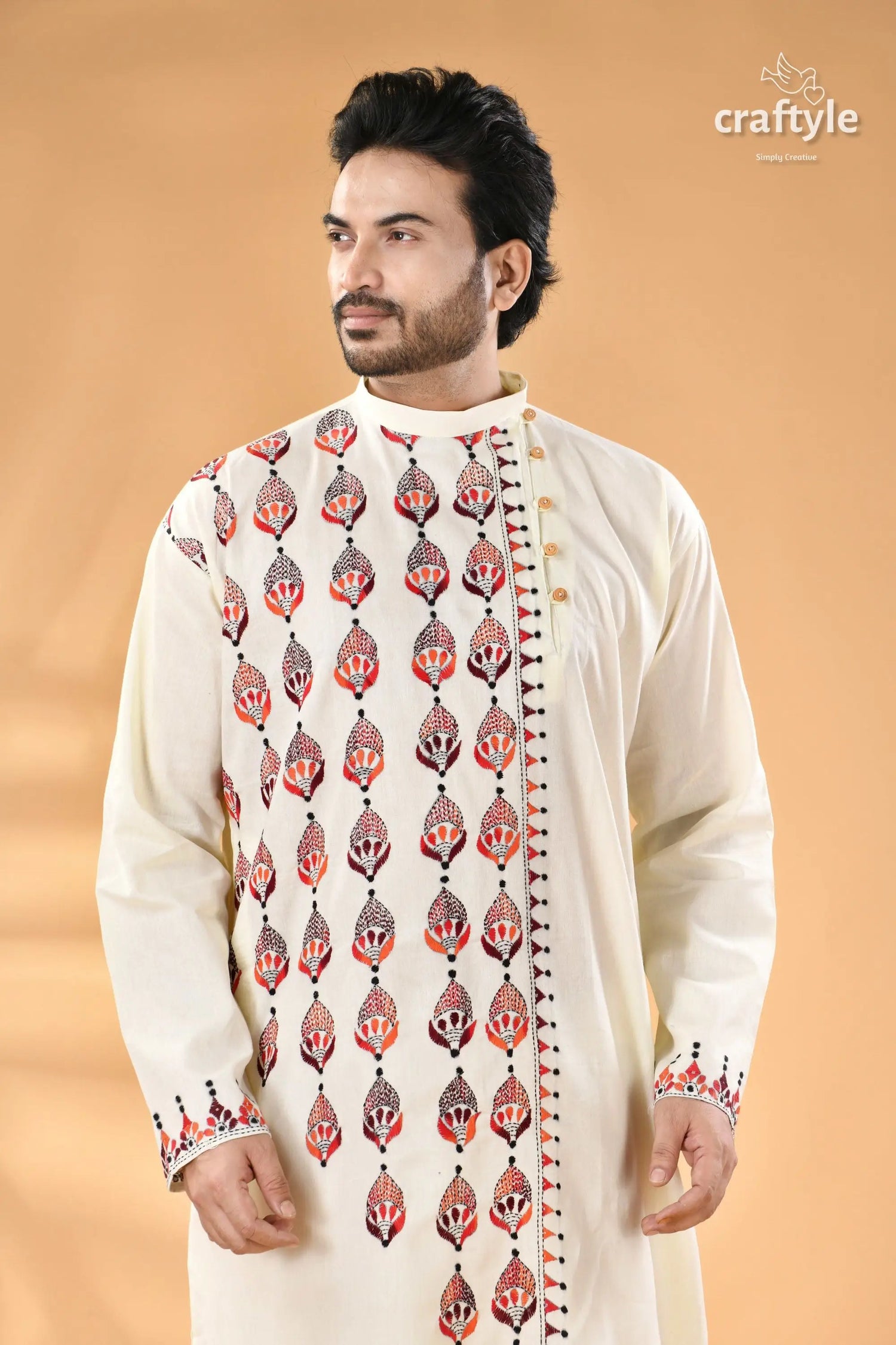 Multi thread design white hand kantha work men’s kurta men’s cream colored kurta intricate red 2