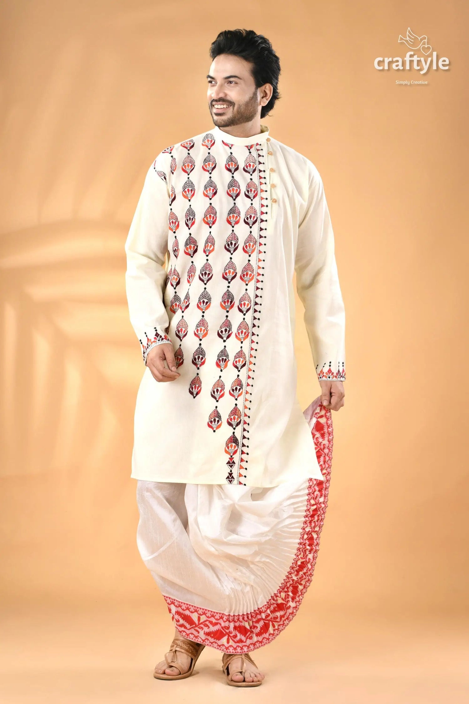 Multi thread design white hand kantha work men’s kurta men’s off white kurta dhoti set 5