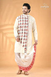 Multi thread design white hand kantha work men’s kurta men’s off white kurta dhoti set 5