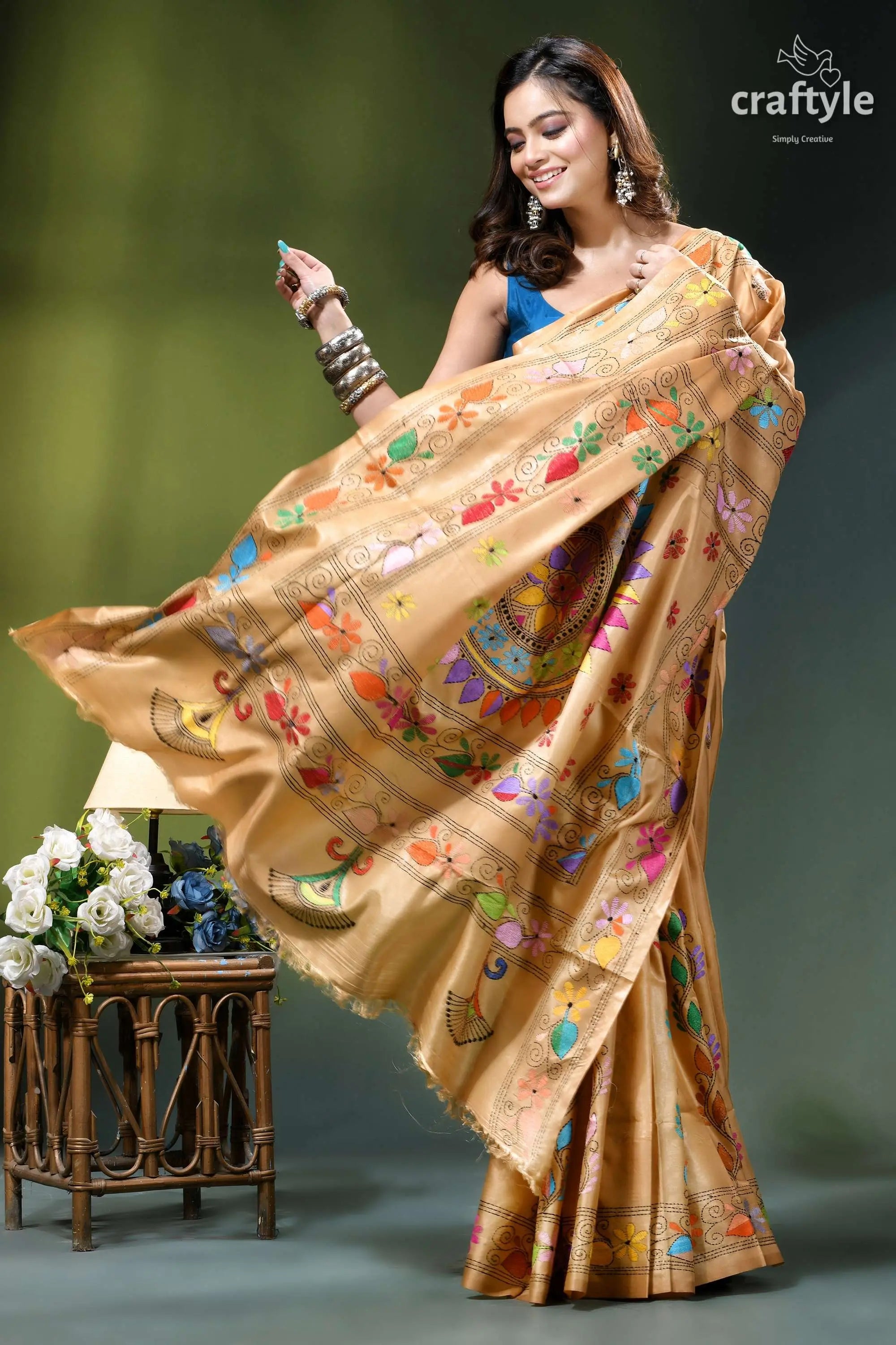 Multi-thread ethnic kantha embroidery silk saree in tan golden-brown silk saree adorned vibrant 4