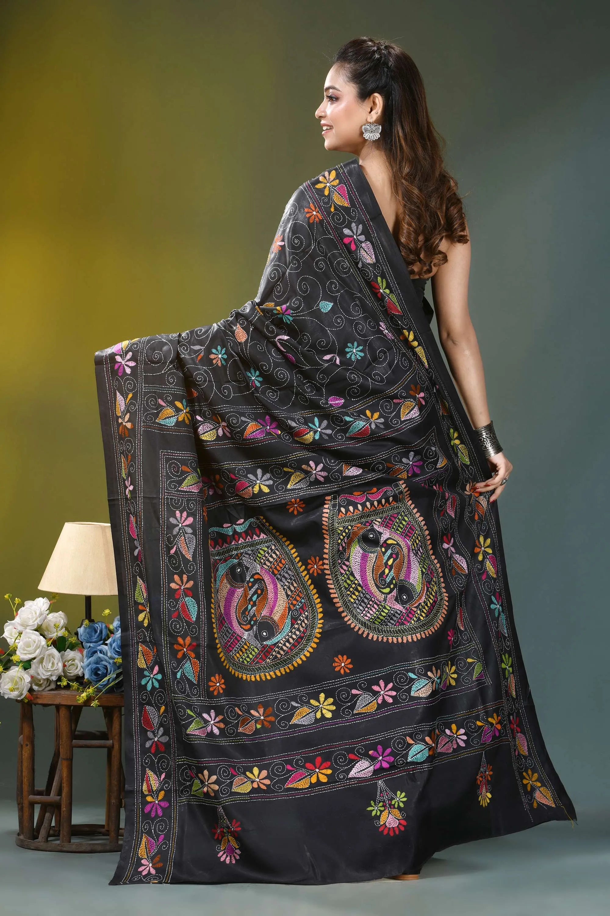 Multi-thread fish design kantha silk saree in black black embroidered saree vibrant colorful 4
