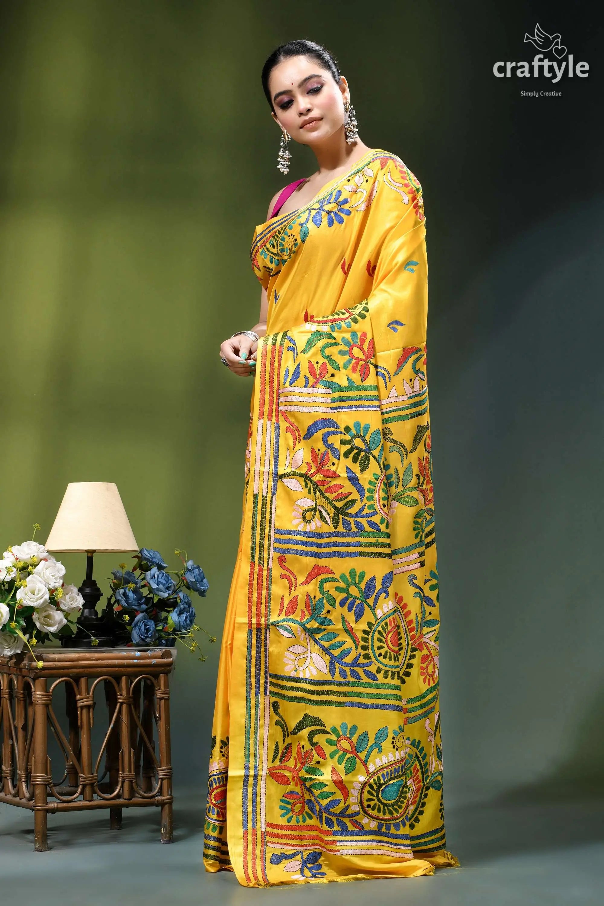 Multi-thread hand embroidered corn yellow kantha silk saree vibrant yellow saree adorned intricate 3