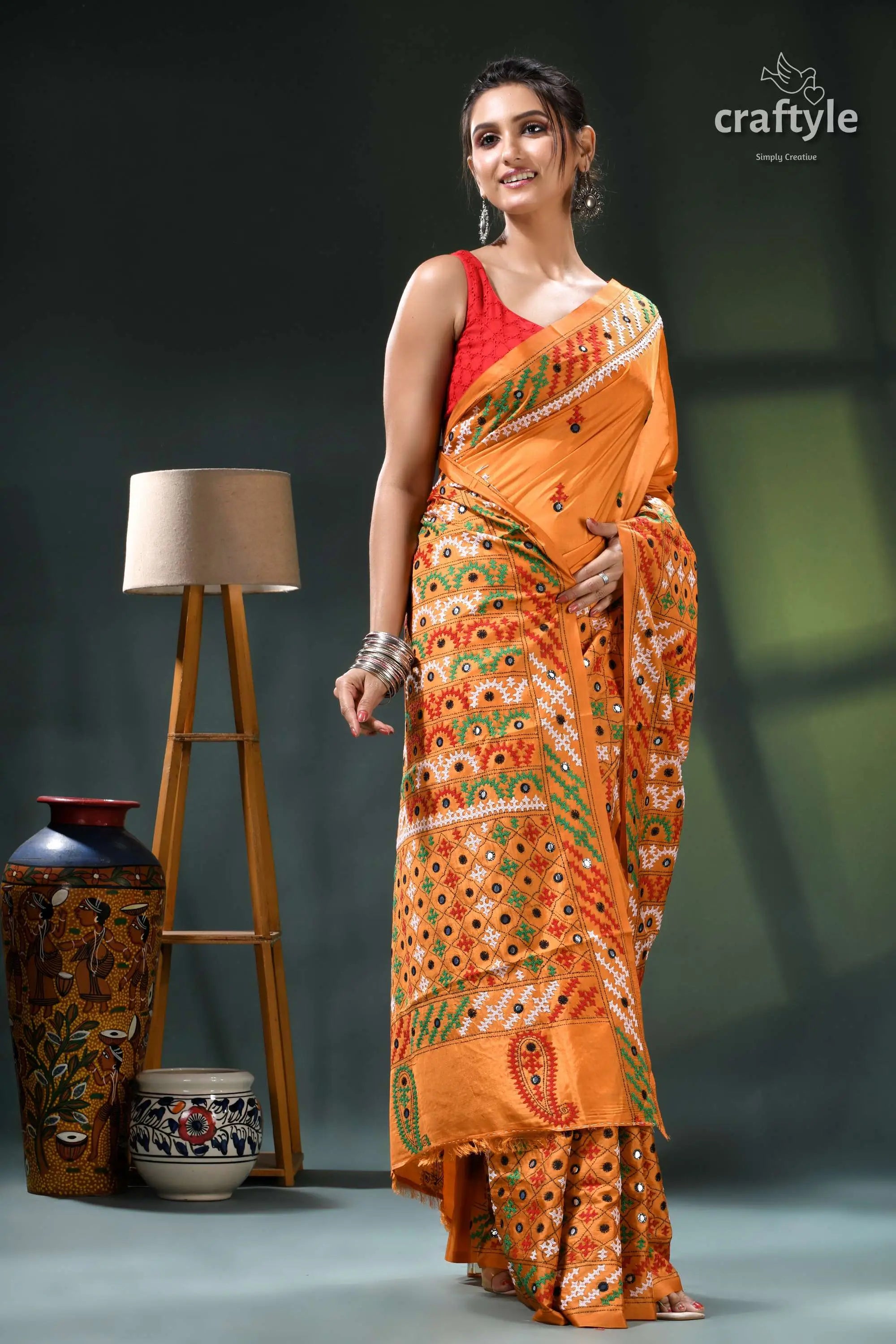 Multi-thread kutch embroidery marigold silk saree - mirror detailing orange green floral saree intricate 4