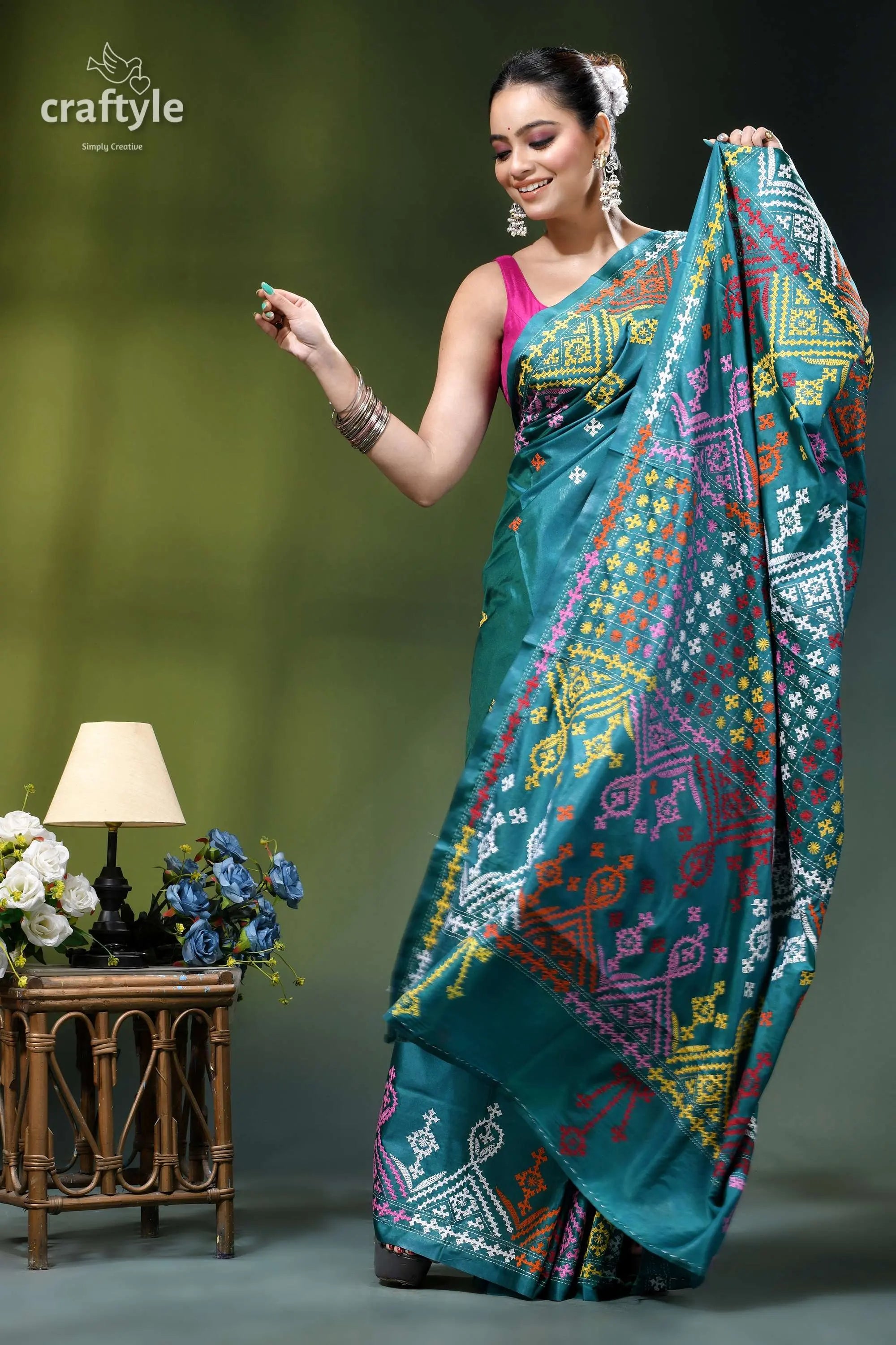 Multi-thread kutch work silk saree in dark green blue - mirror teal silk saree intricate multicolored 5