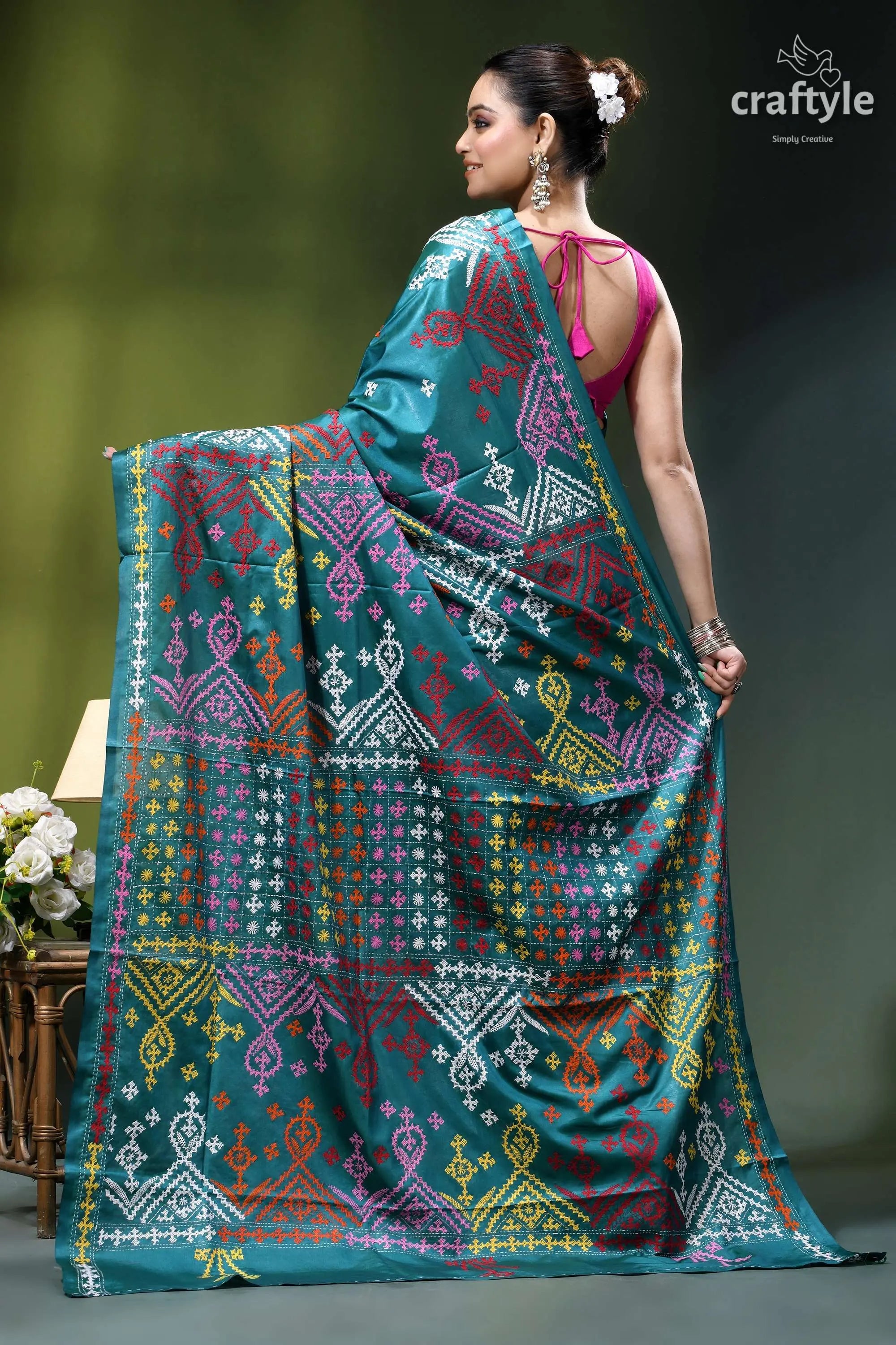 Multi-thread kutch work silk saree in dark green blue - mirror teal-colored silk saree intricate multicolored 6