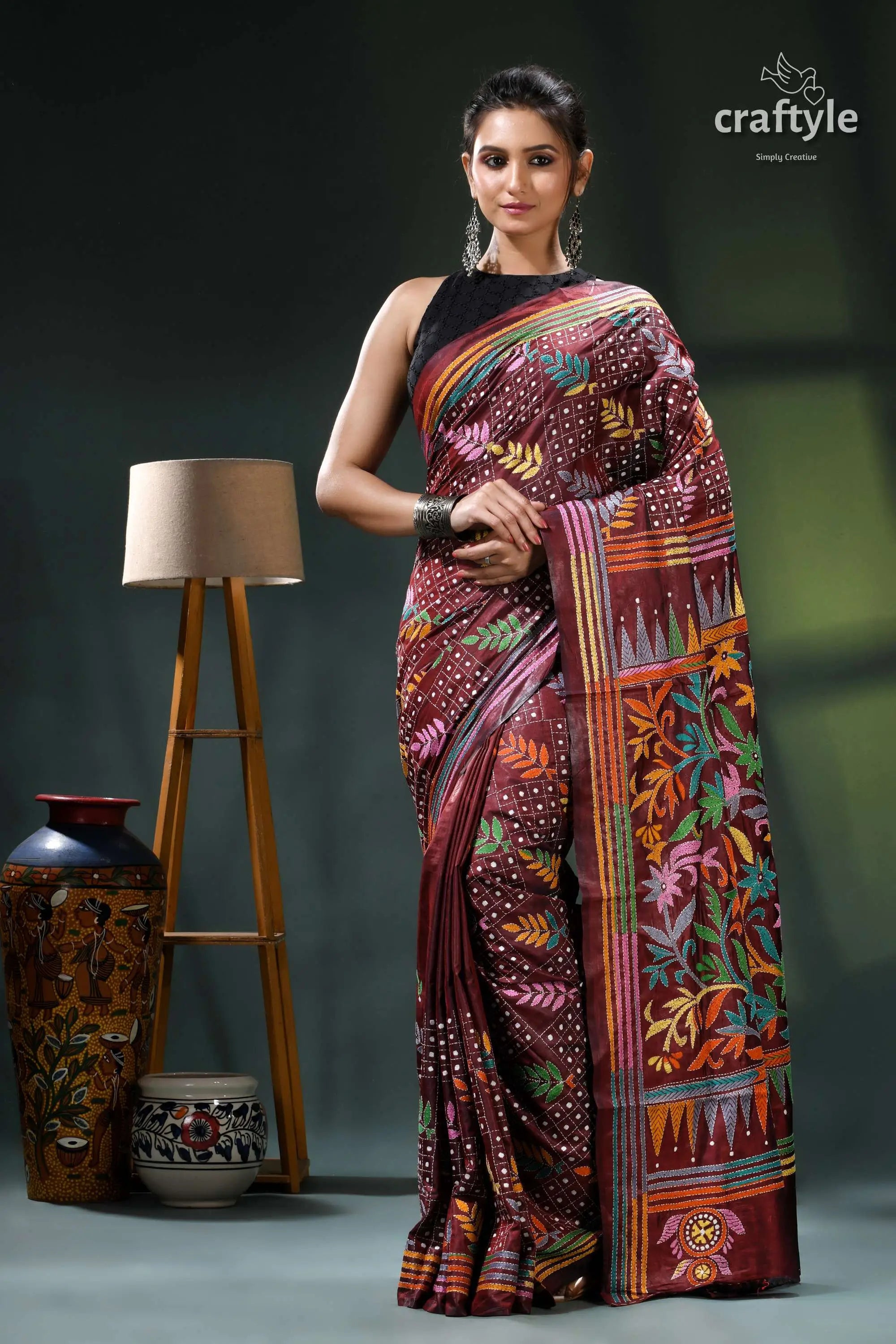 Multi-thread lata-pata design livid brown silk kantha stitch saree maroon black saree intricate batik 1