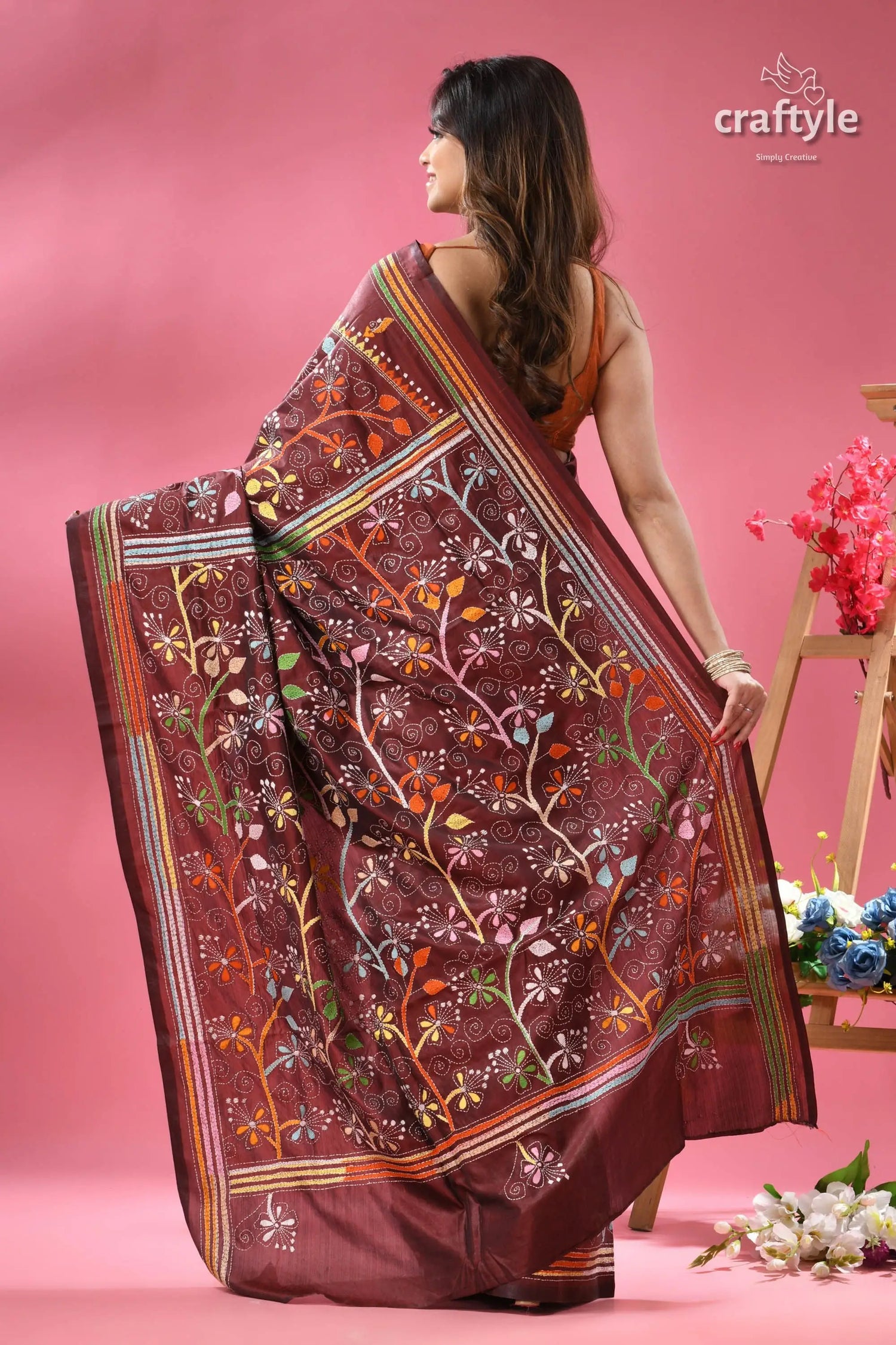 Multi thread silk kantha saree in roast coffee color woman maroon silk saree colorful 5