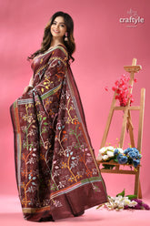 Multi thread silk kantha saree in roast coffee color woman dark brown saree colorful 4