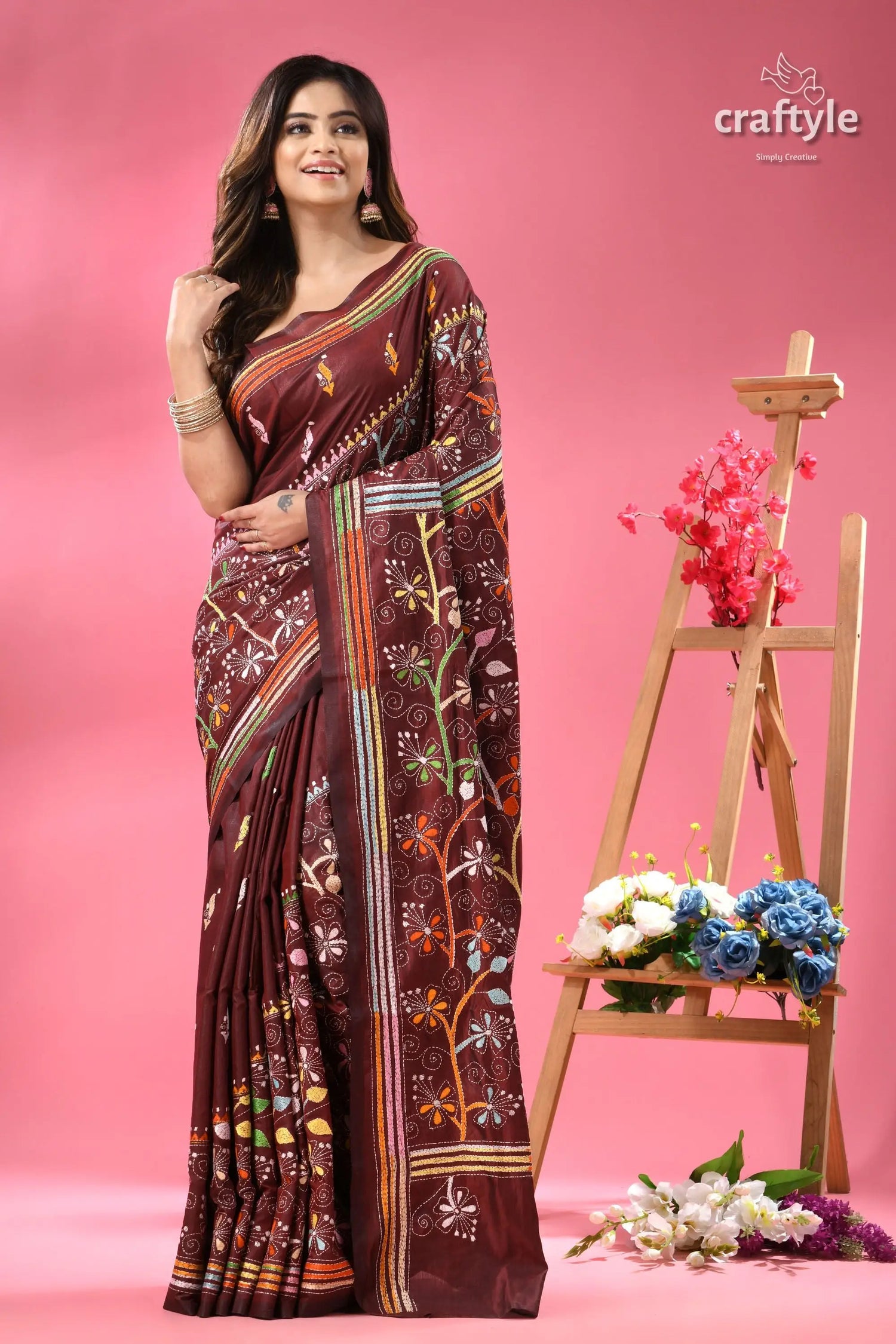 Multi thread silk kantha saree in roast coffee color woman maroon saree intricate floral 3
