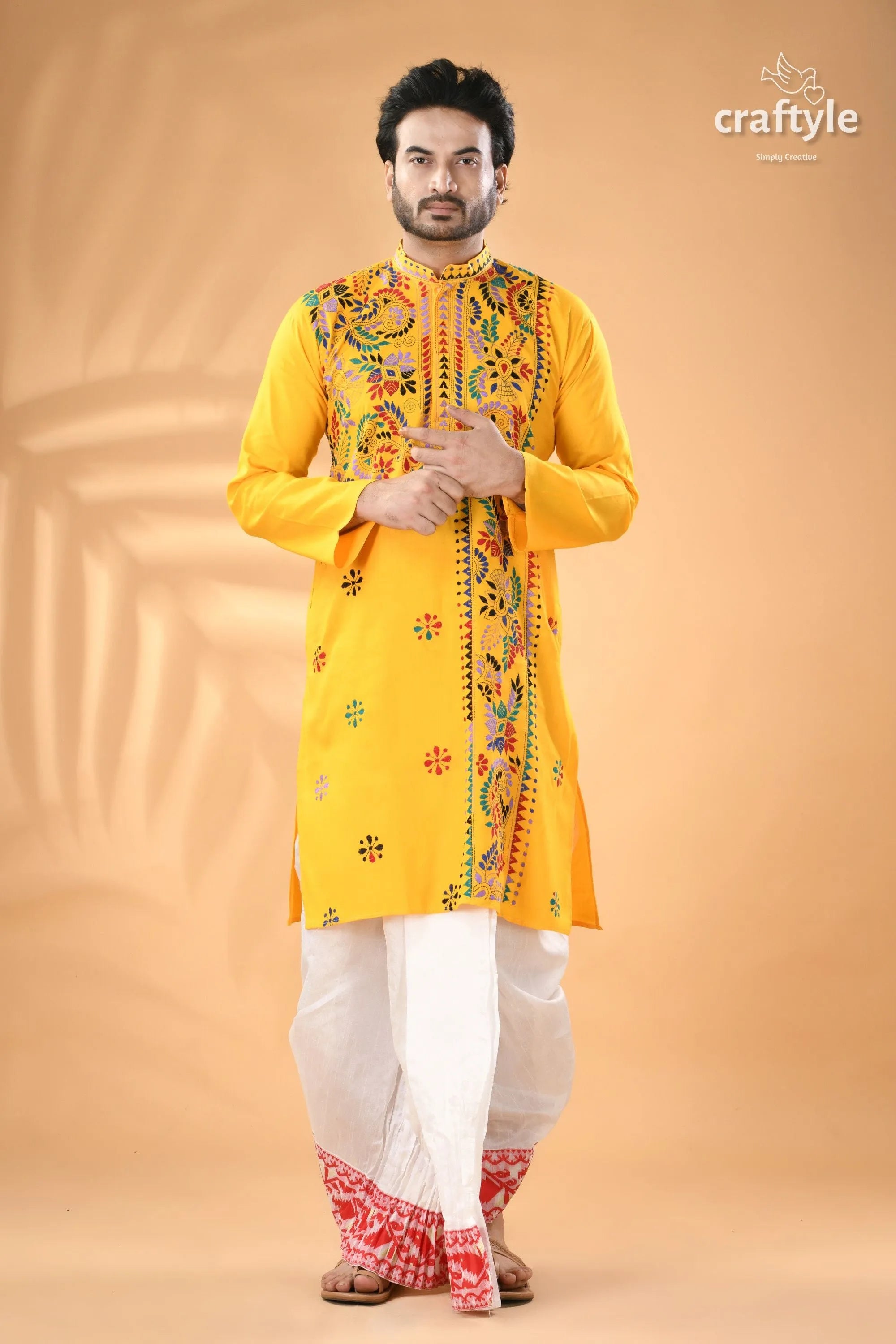 Multi-thread work golden yellow kantha cotton punjabi for men men’s embroidered kurta white 6