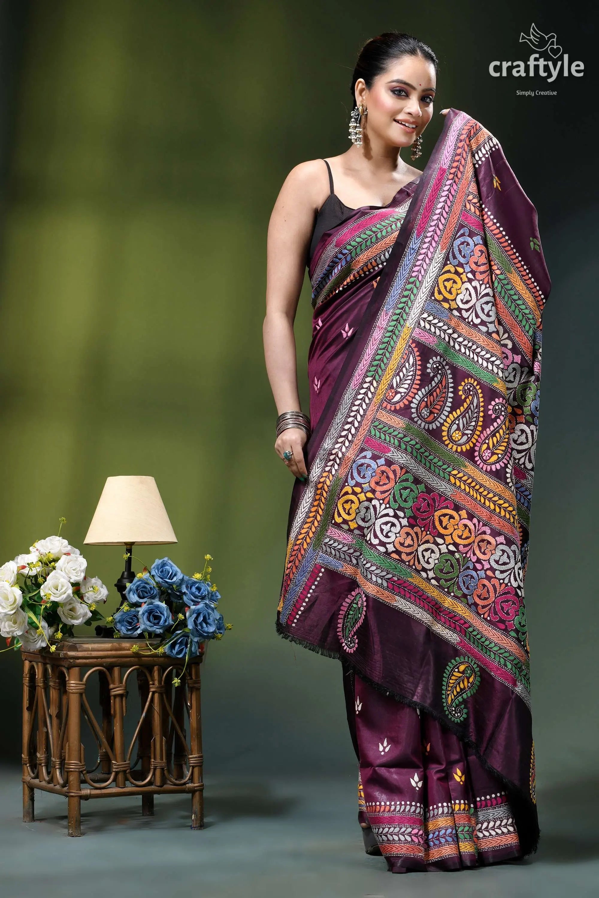 Multi-thread work handcrafted kantha silk saree in mulberry wood rich maroon silk saree adorned 4