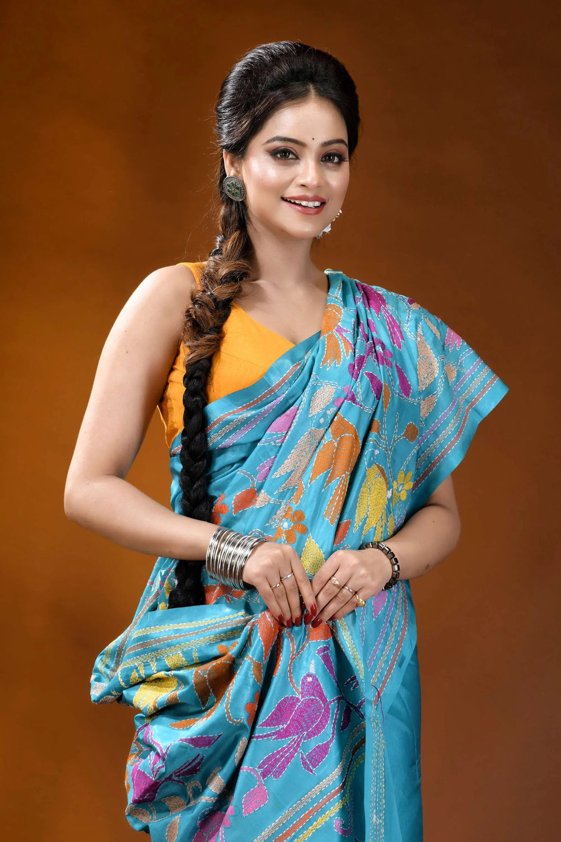Multicolor bird design hand embroidered turquoise blue silk kantha saree vibrant turquoise saree colorful floral 2