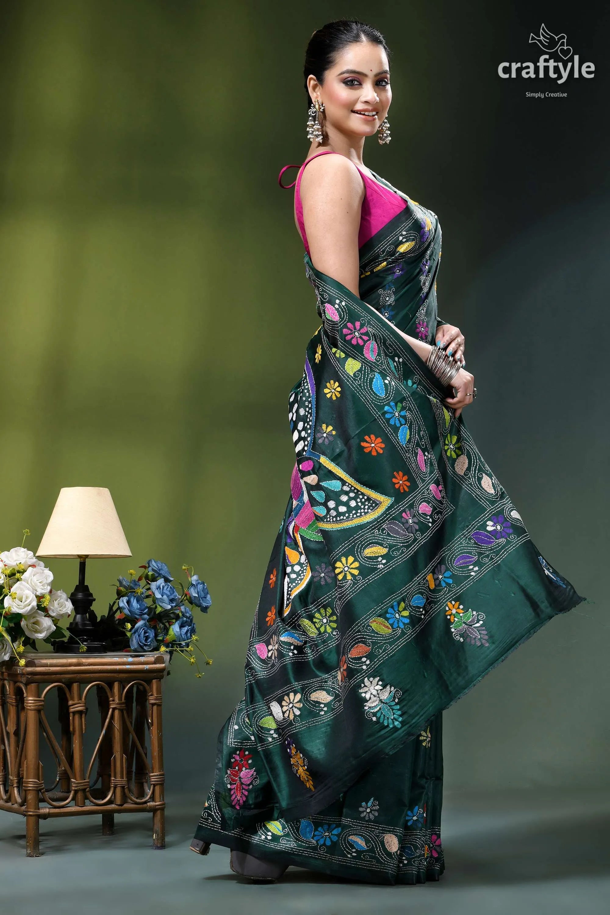 Multicolor butterfly design gable green silk kantha work saree dark green silk saree adorned 4