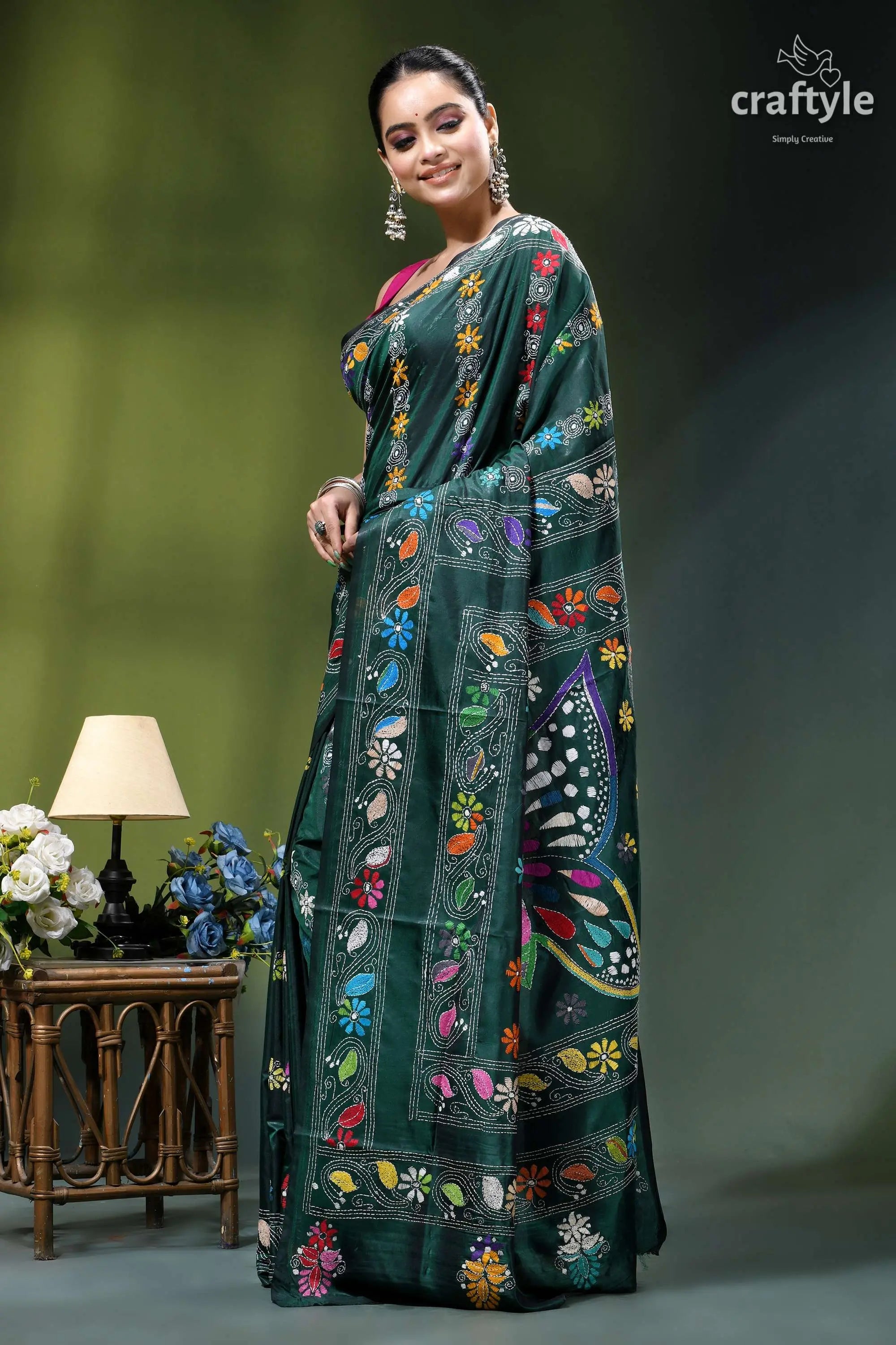 Multicolor butterfly design gable green silk kantha work saree emerald green silk saree adorned 3