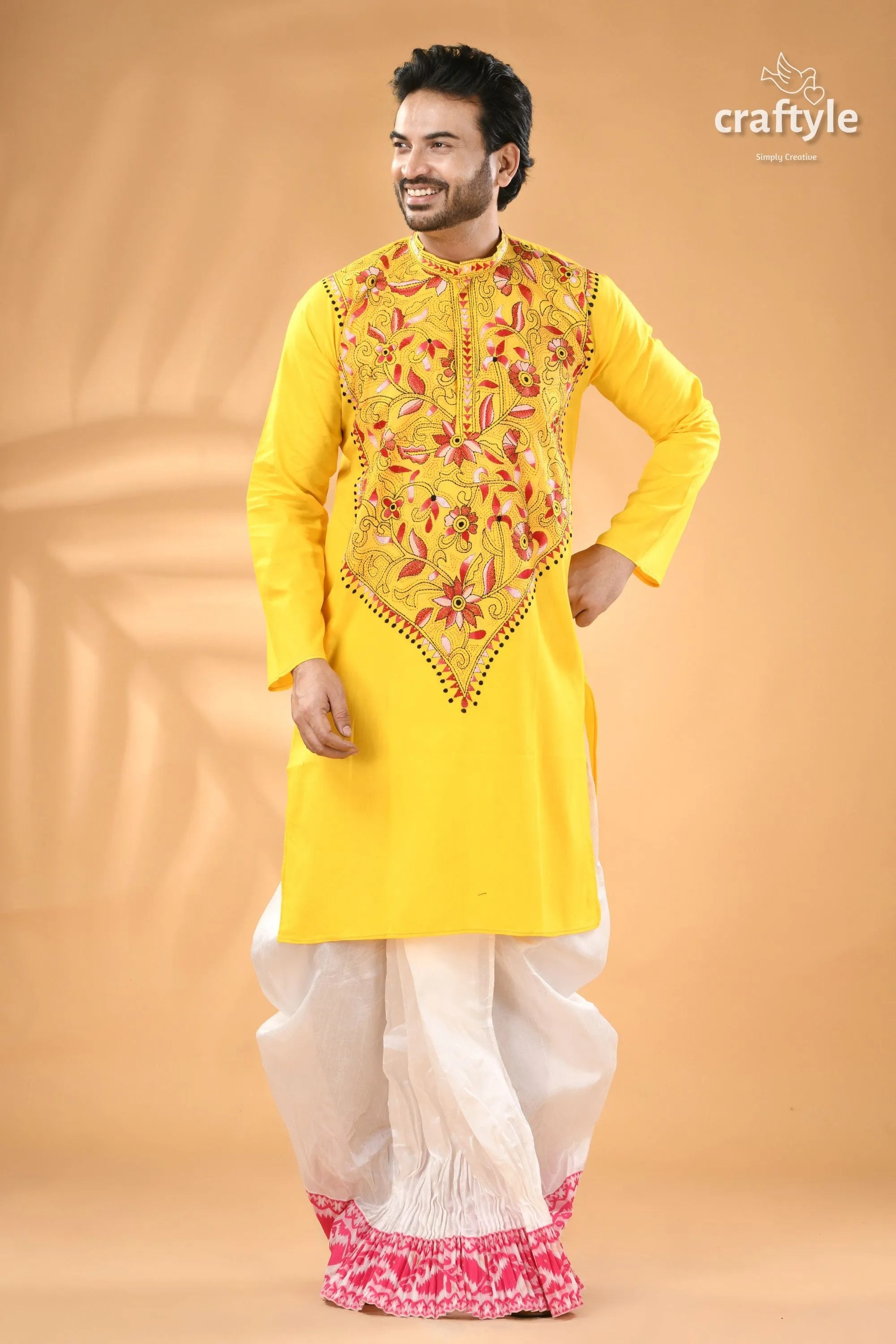 Multicolor design lemon yellow kantha stitched cotton men’s kurta embroidered white 1
