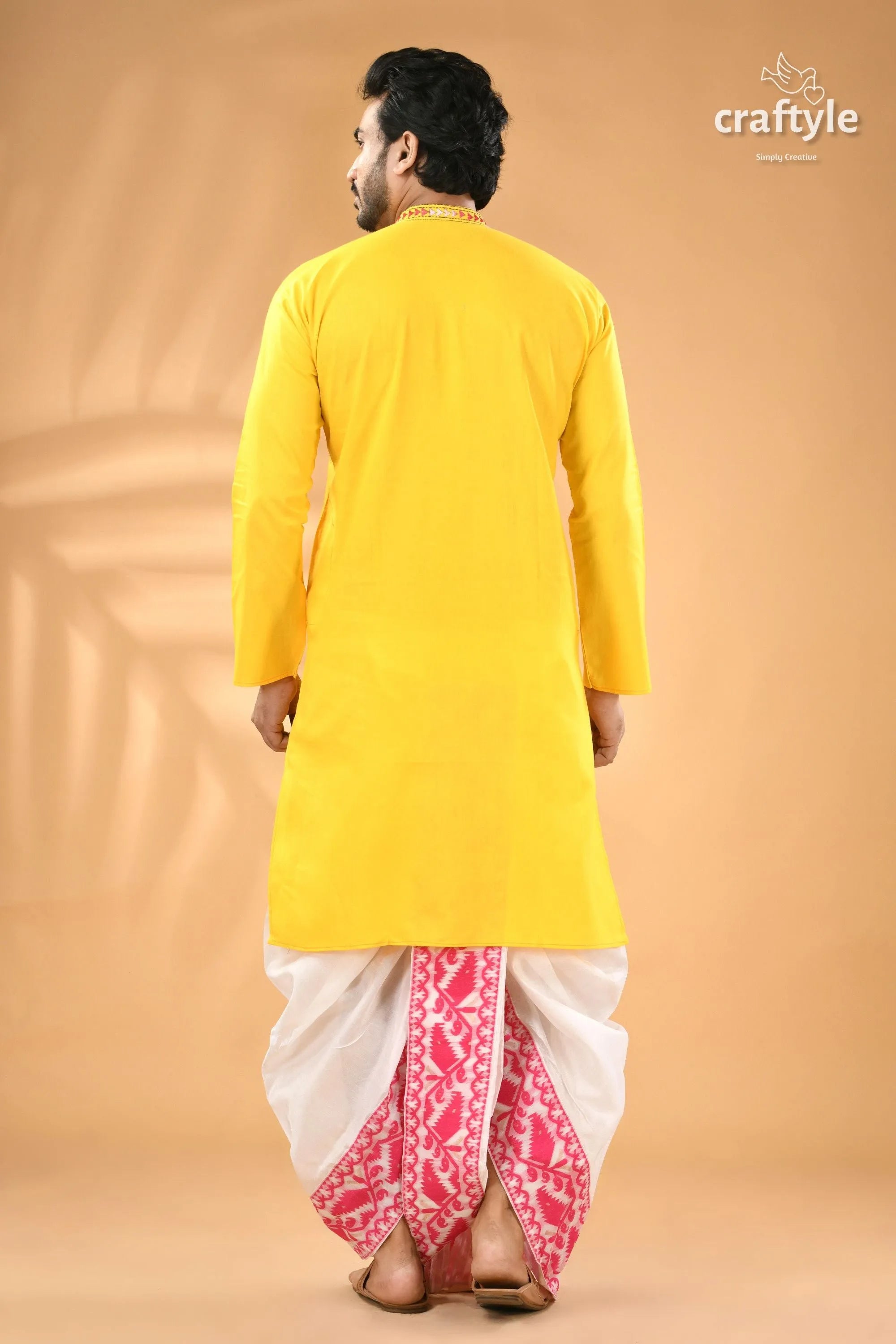 Multicolor design lemon yellow kantha stitched cotton men’s kurta white pink 6