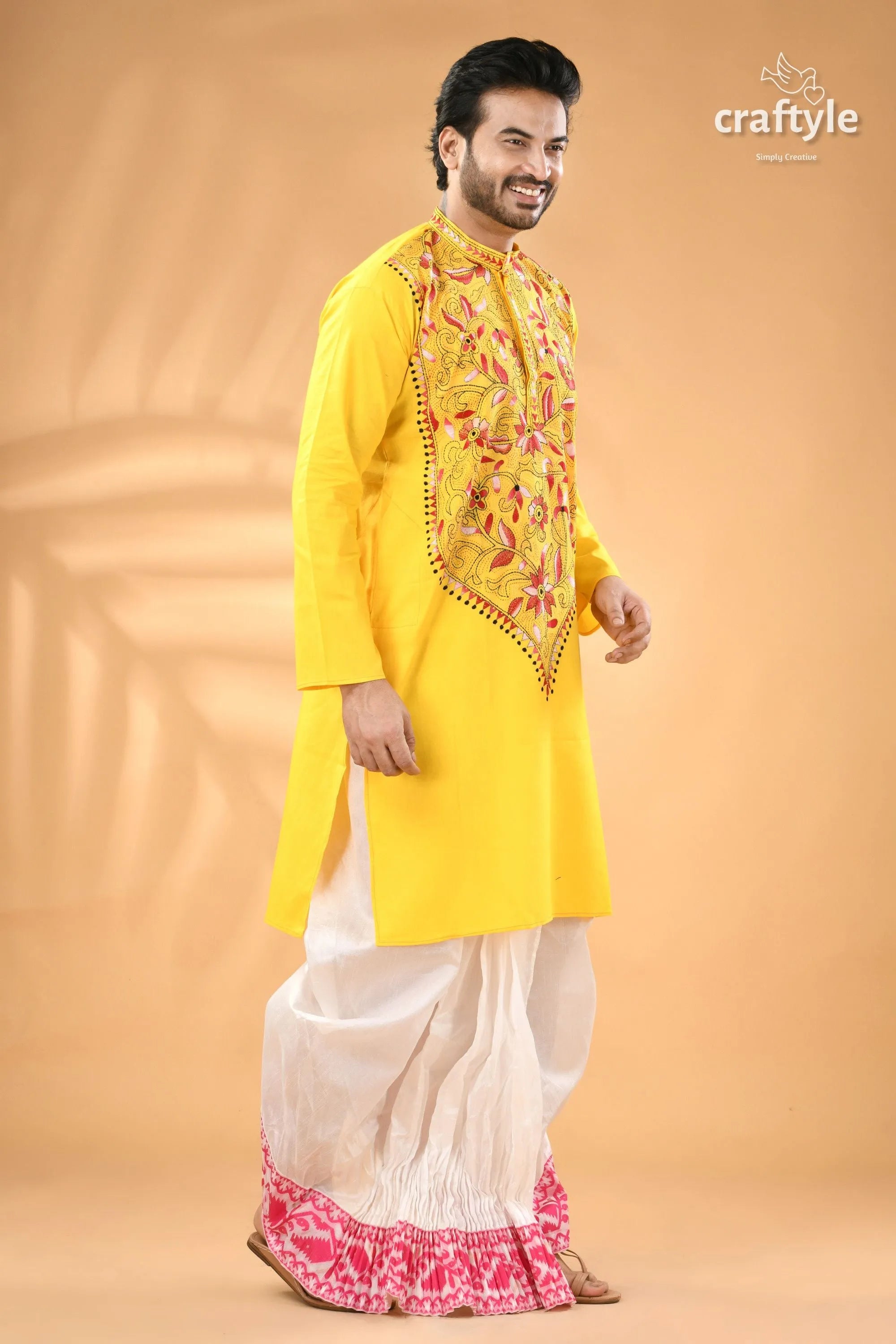Multicolor design lemon yellow kantha stitched cotton men’s kurta embroidered white 3