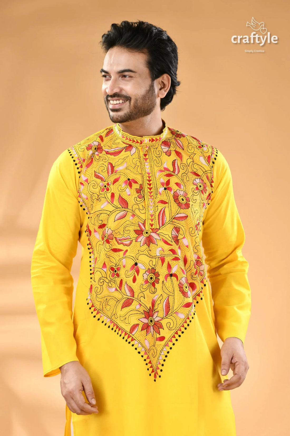 Multicolor design lemon yellow kantha stitched cotton men’s kurta men’s yellow kurta elaborate red 2