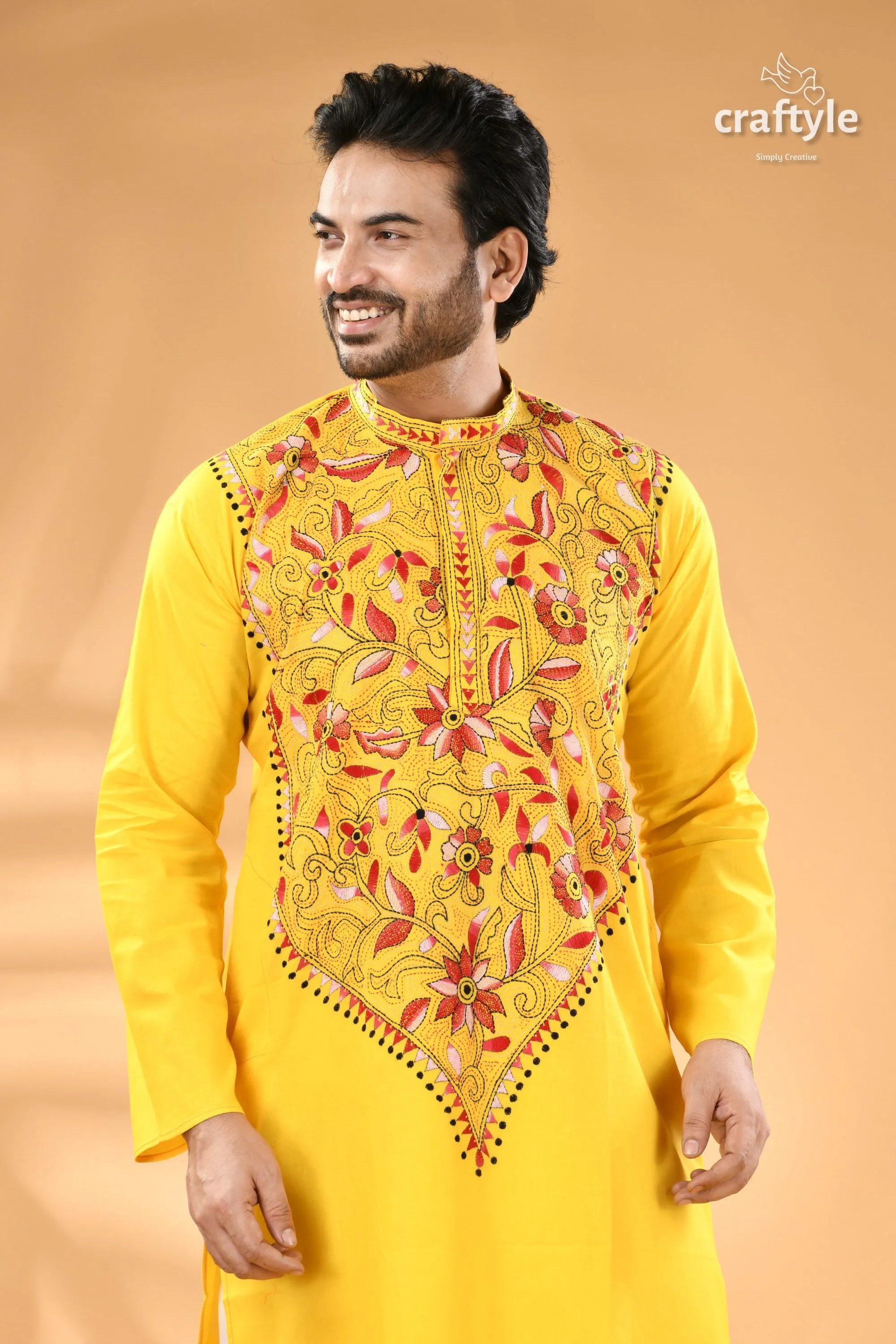 Multicolor design lemon yellow kantha stitched cotton men’s kurta elaborate red 2
