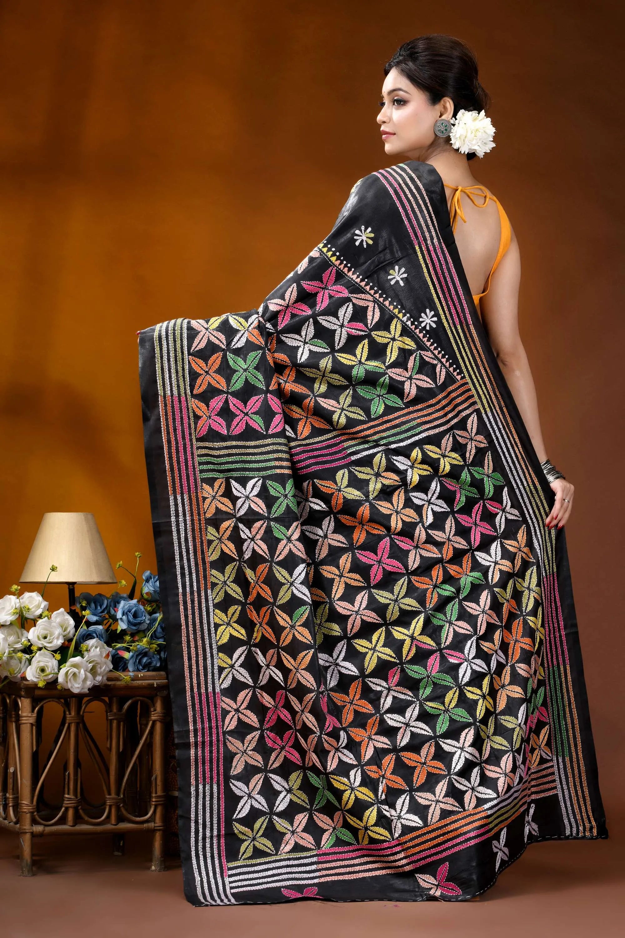 Multicolor ethnic design silk kantha stitch saree in black black banarasi saree intricate multicolored 5