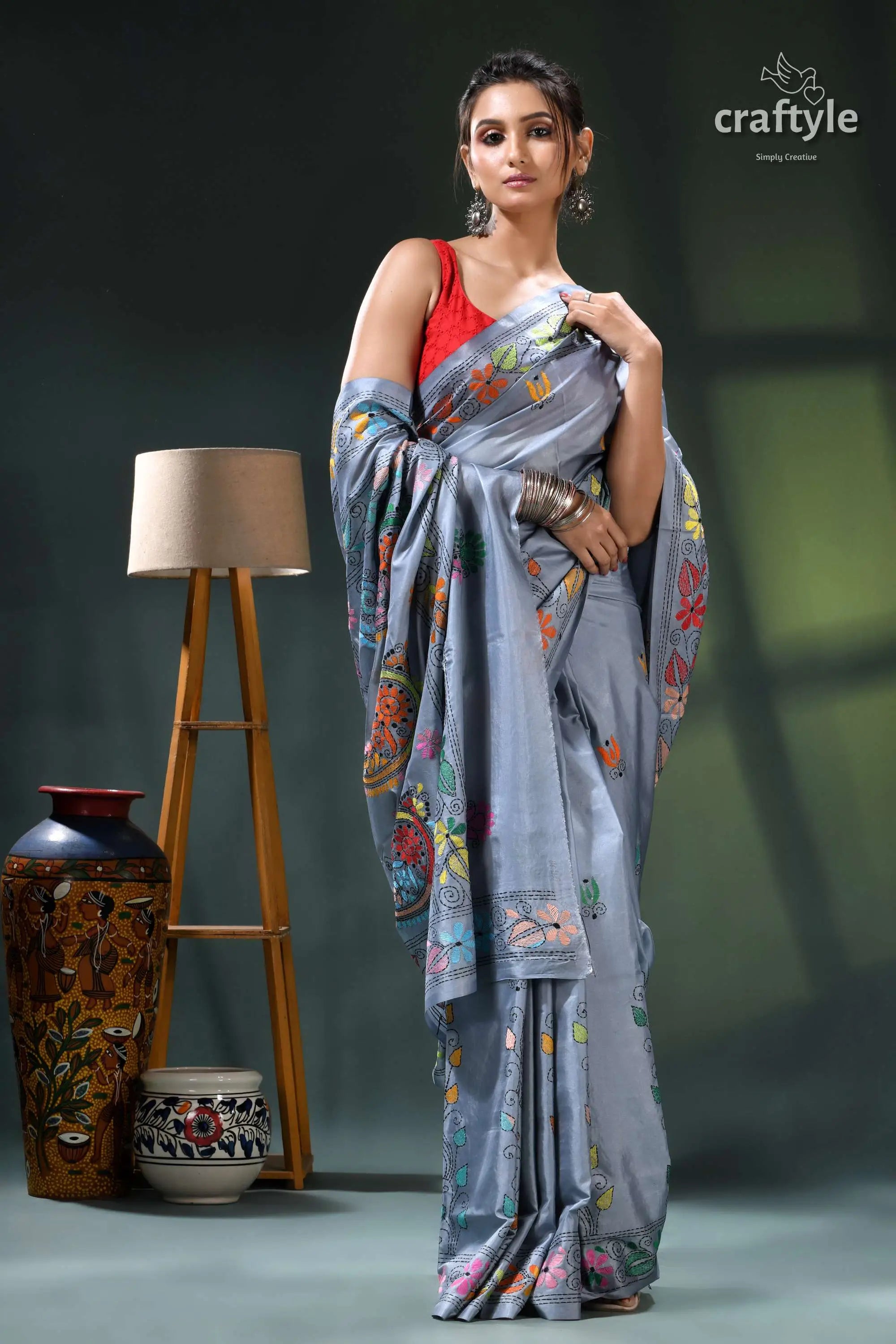 Multicolor exquisite silk kantha stitch saree in hit gray blue floral saree red blouse 4
