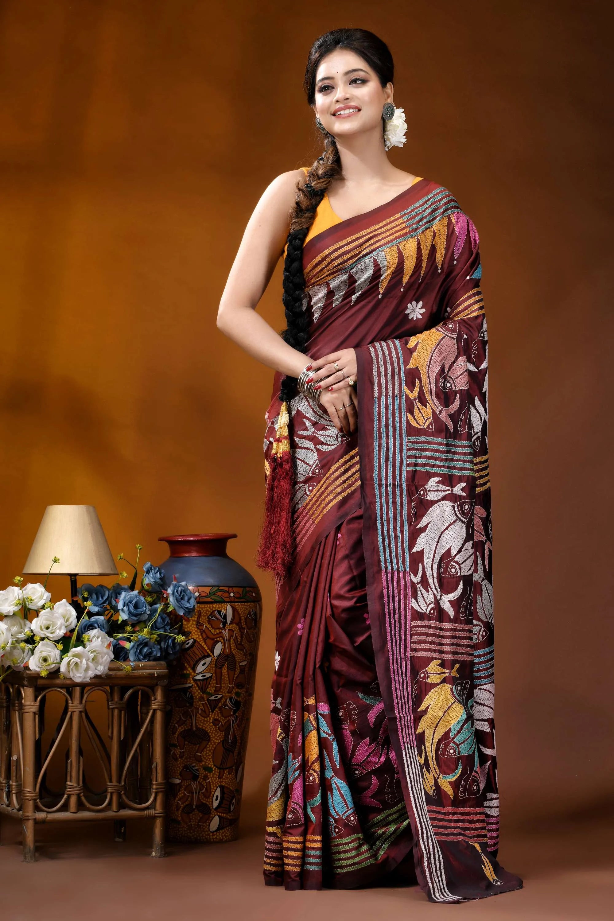 Multicolor fish design handcrafted wine silk kantha stitch saree maroon silk saree intricate multicolored 6
