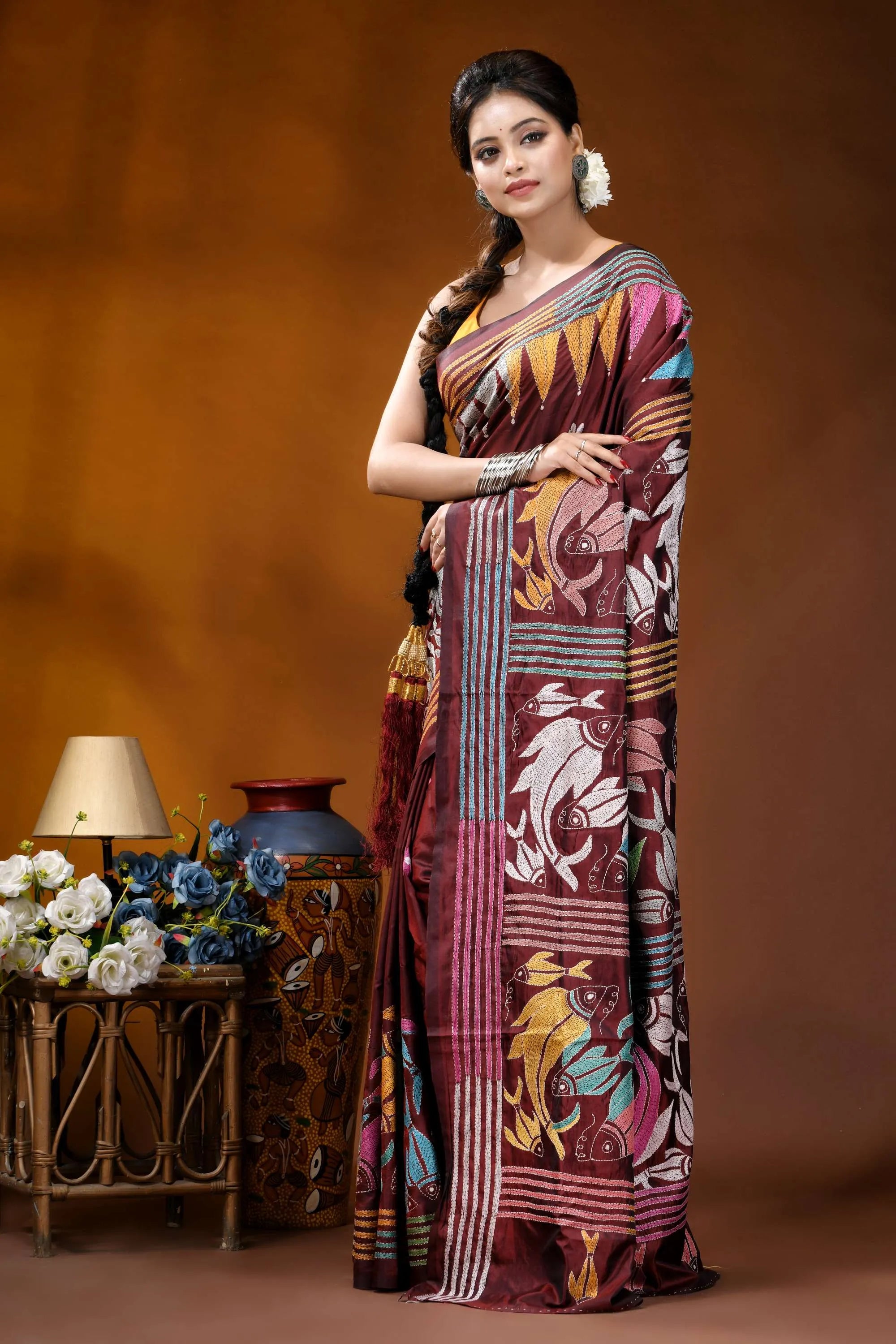 Multicolor fish design handcrafted wine silk kantha stitch saree maroon gold patterned saree intricate 3