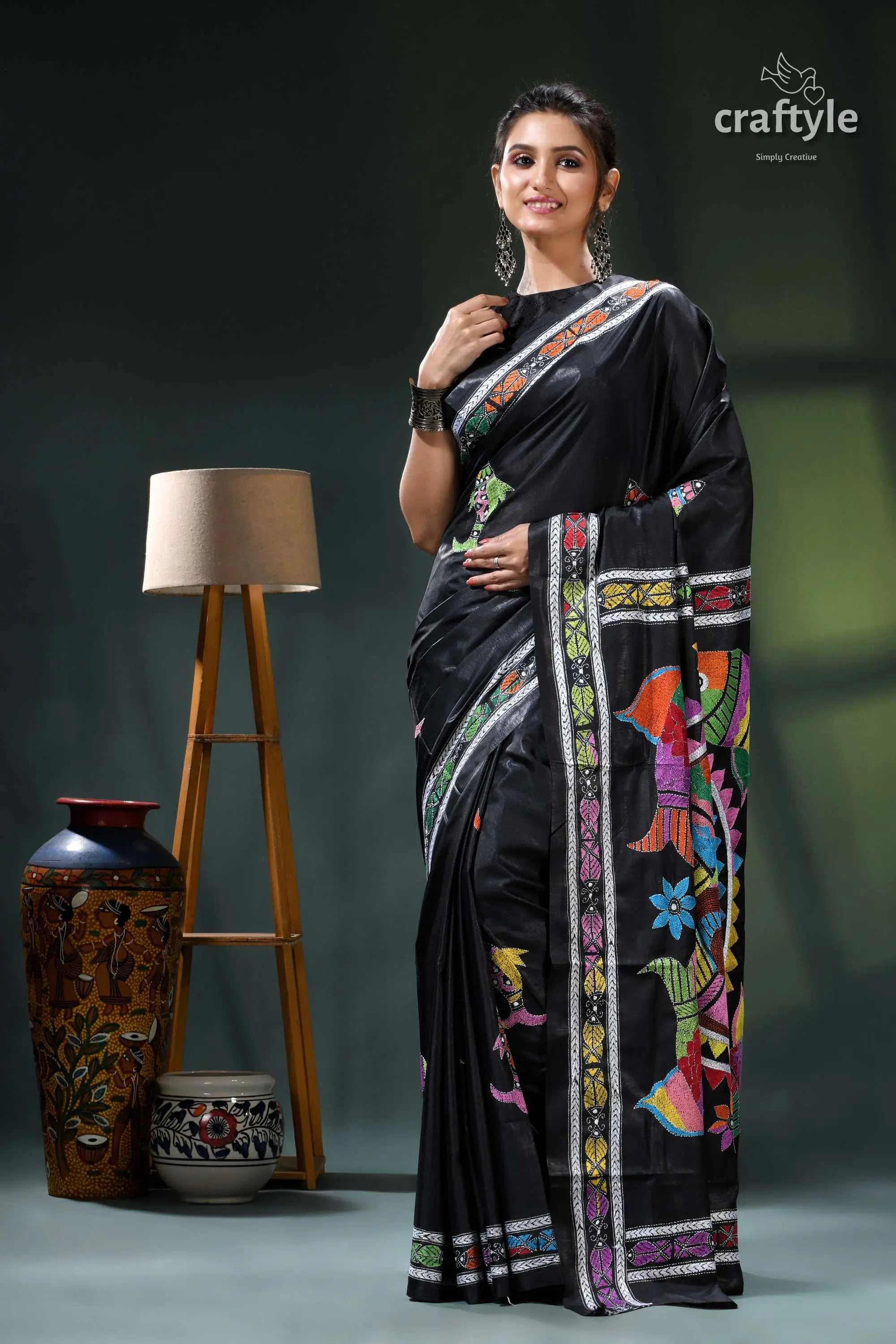 Multicolor fish motif artisanal black kantha silk saree - hand stitched black saree colorful bird floral 6