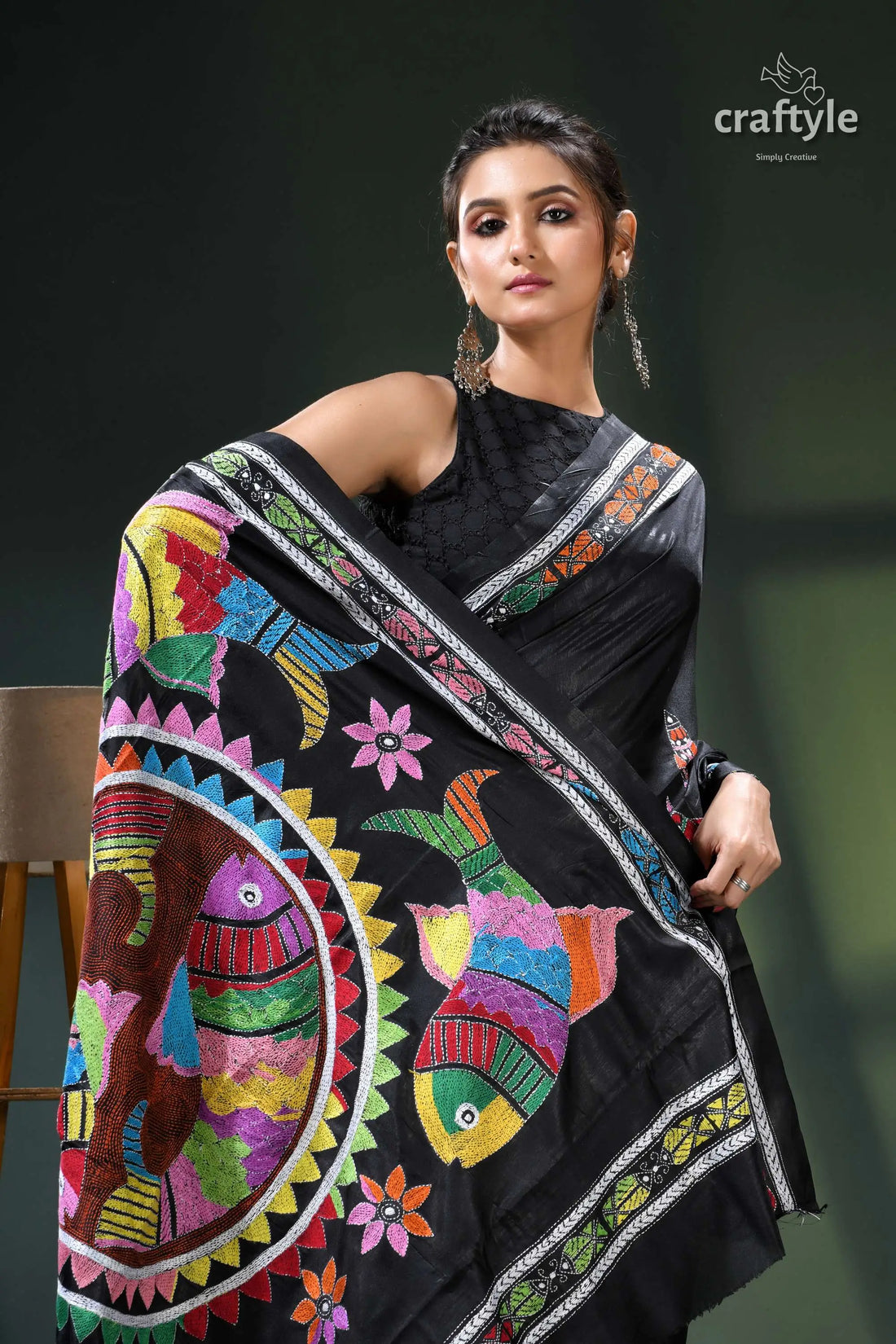 Multicolor fish motif artisanal black kantha silk saree - hand stitched black saree colorful fish elephant 2