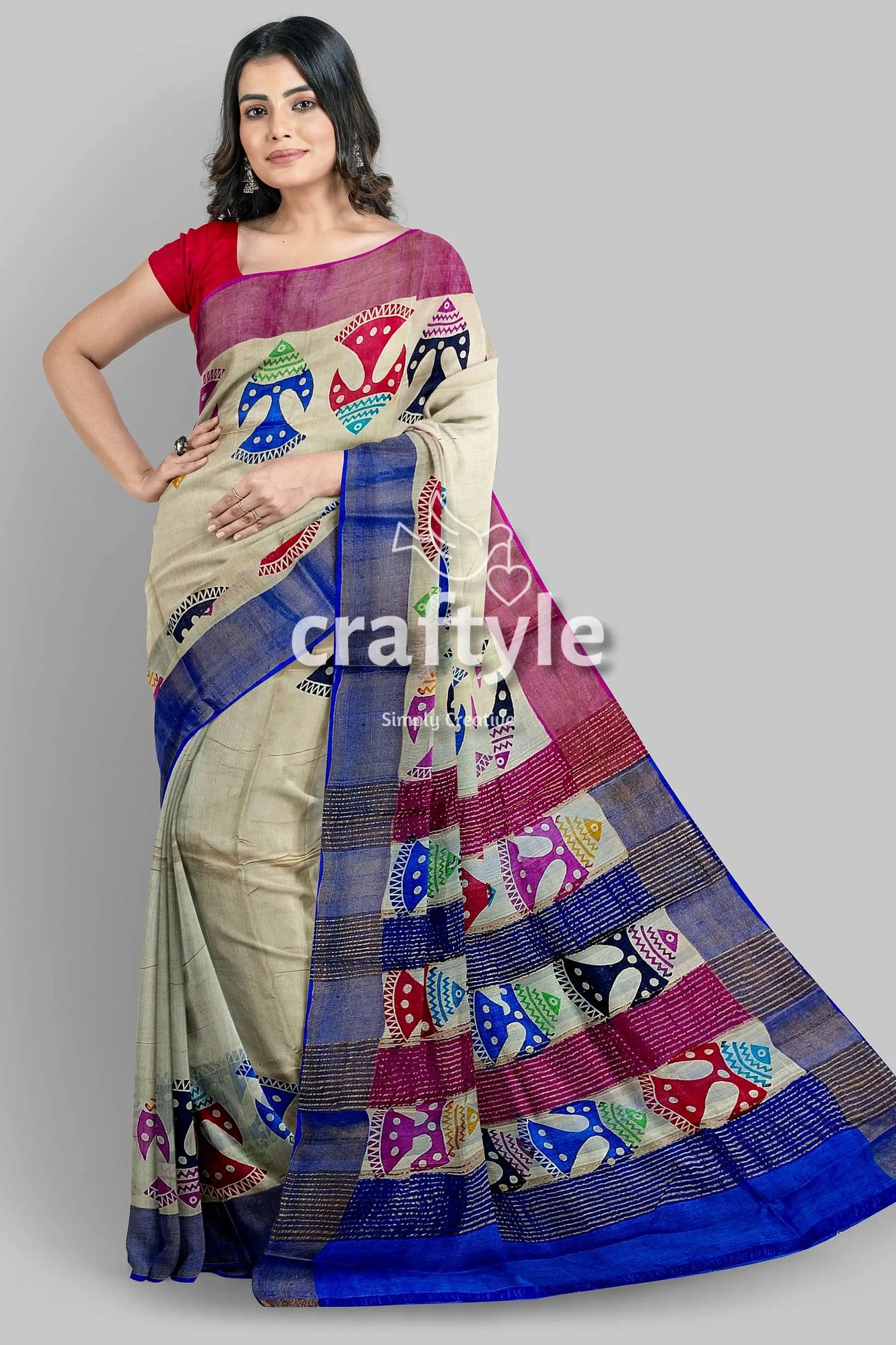 Multicolor fish motif hand block print zari border pure tussar silk saree woman patterned saree 3