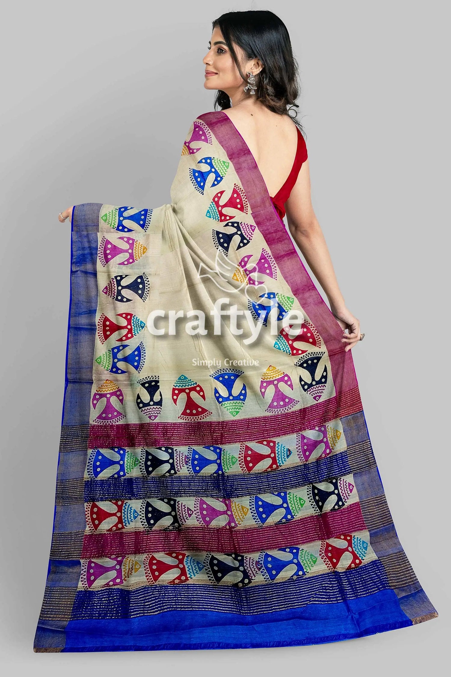 Multicolor fish motif hand block print zari border pure tussar silk saree woman colorful patterned saree 4